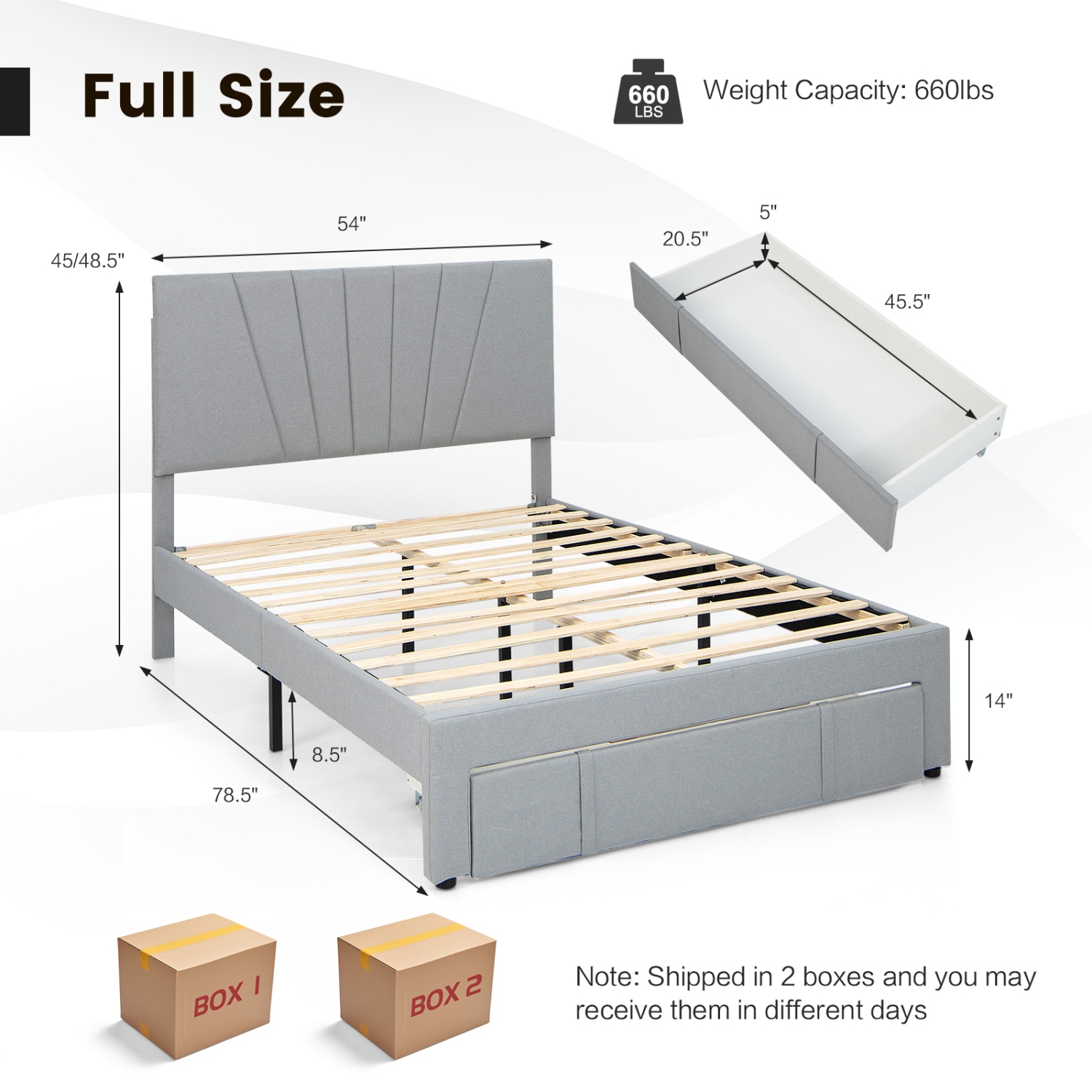 Upholstered Platform Bed Frame with Storage Drawer and Adjustable Headboard