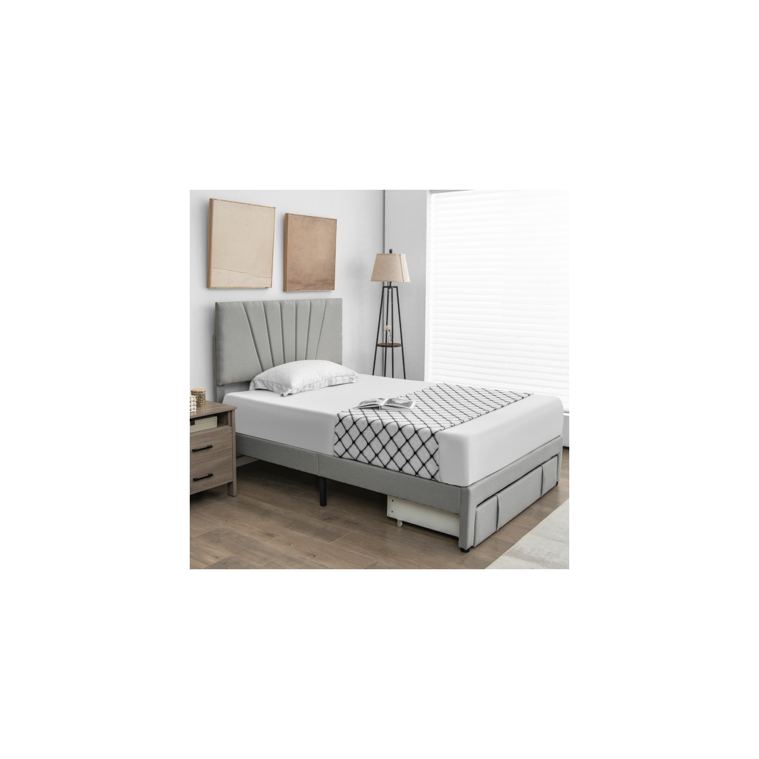 Upholstered Platform Bed Frame with Storage Drawer and Adjustable Headboard