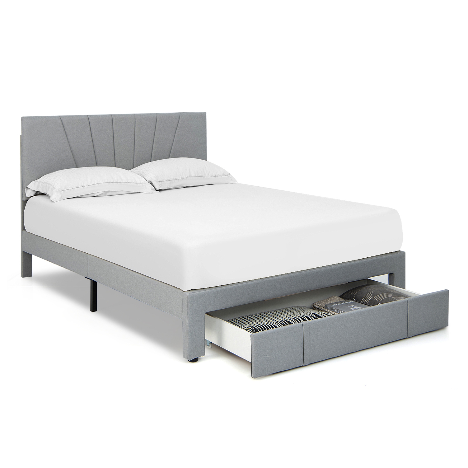 Upholstered Platform Bed Frame with Storage Drawer and Adjustable Headboard