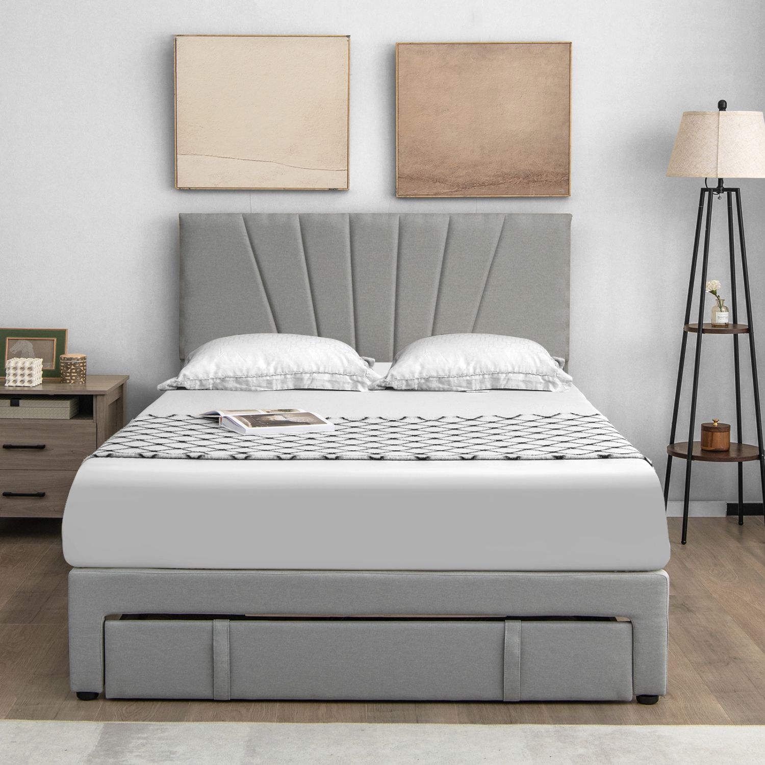 Upholstered Platform Bed Frame with Storage Drawer and Adjustable Headboard