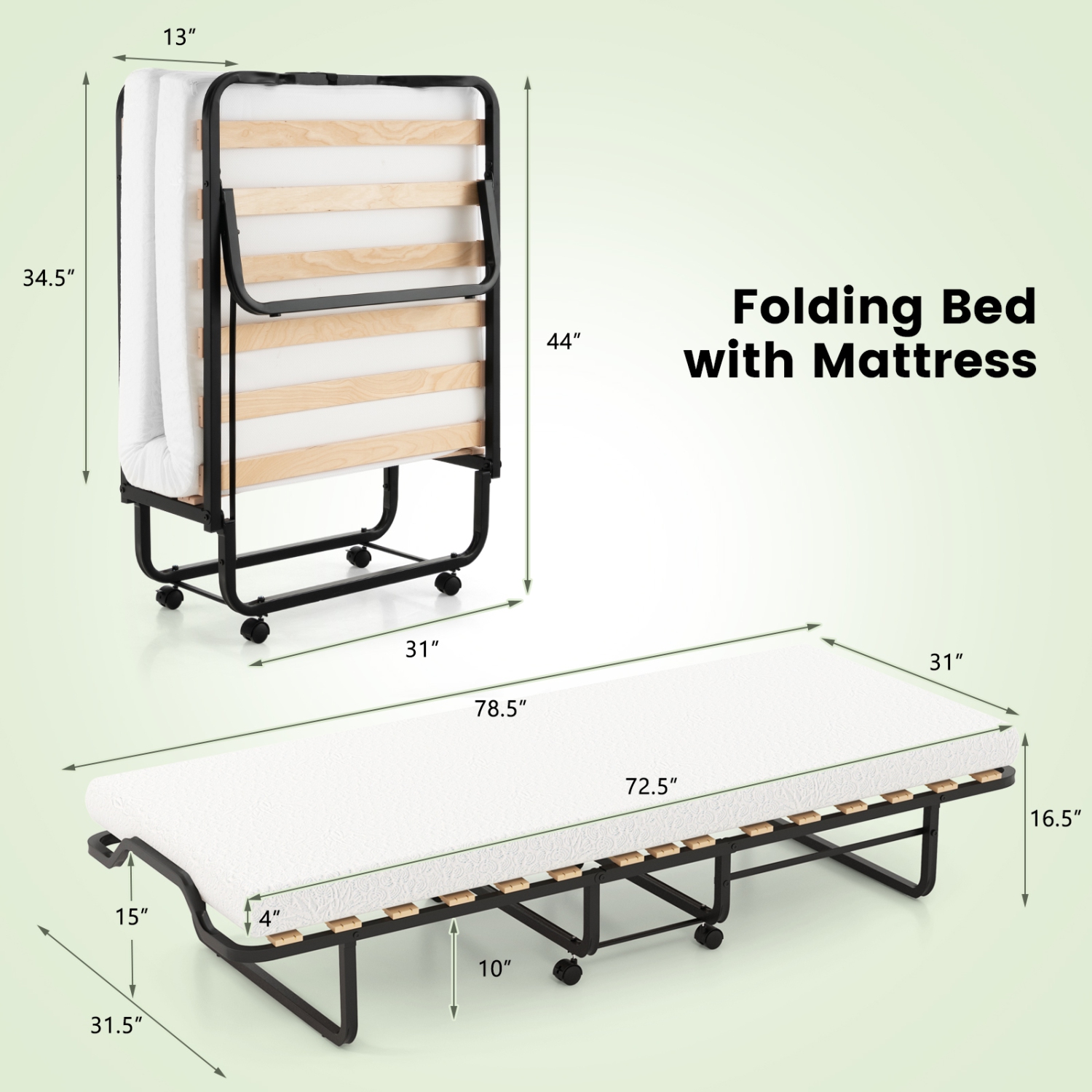 Portable Folding Bed with Comfortable Foam Mattress and Locking Wheels