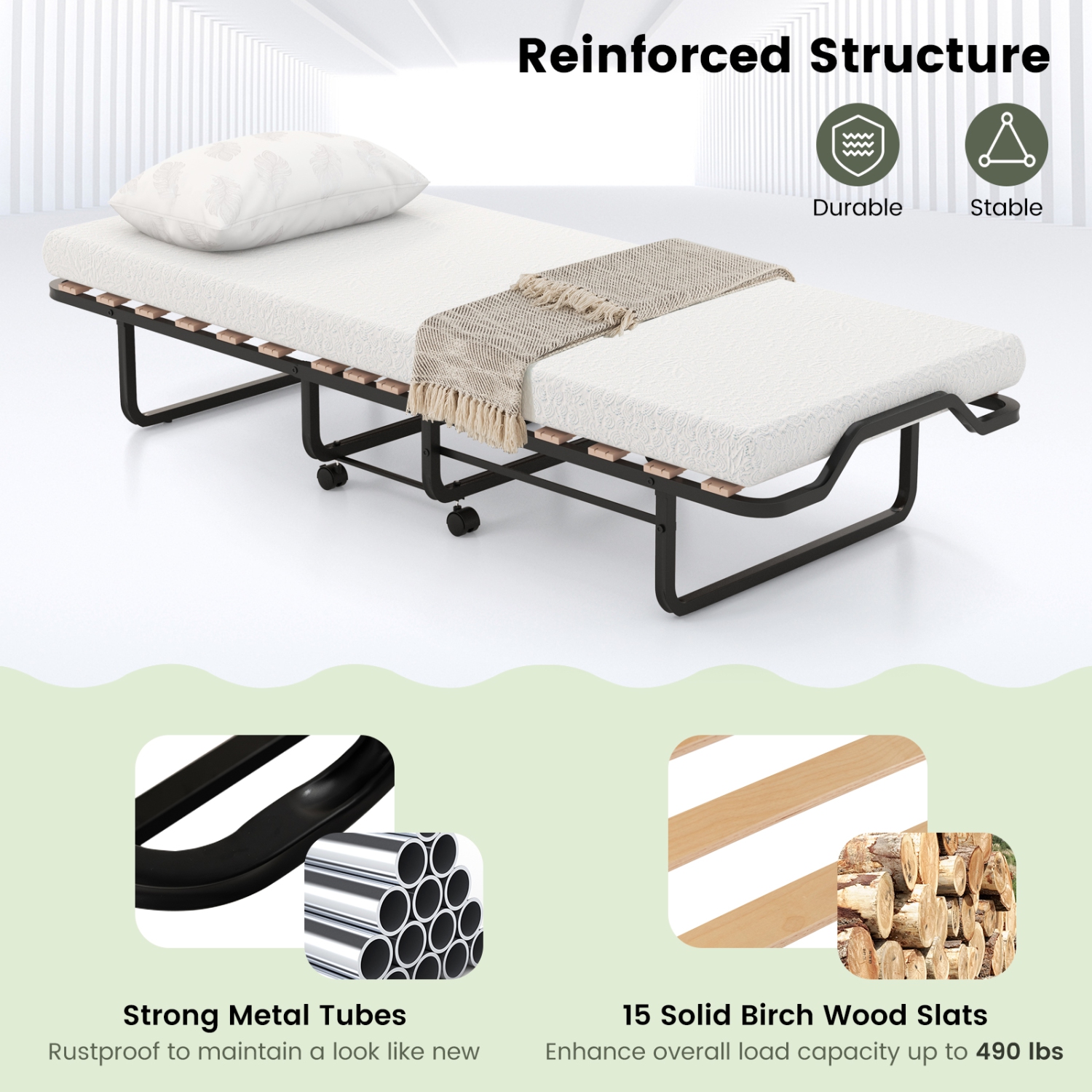 Portable Folding Bed with Comfortable Foam Mattress and Locking Wheels