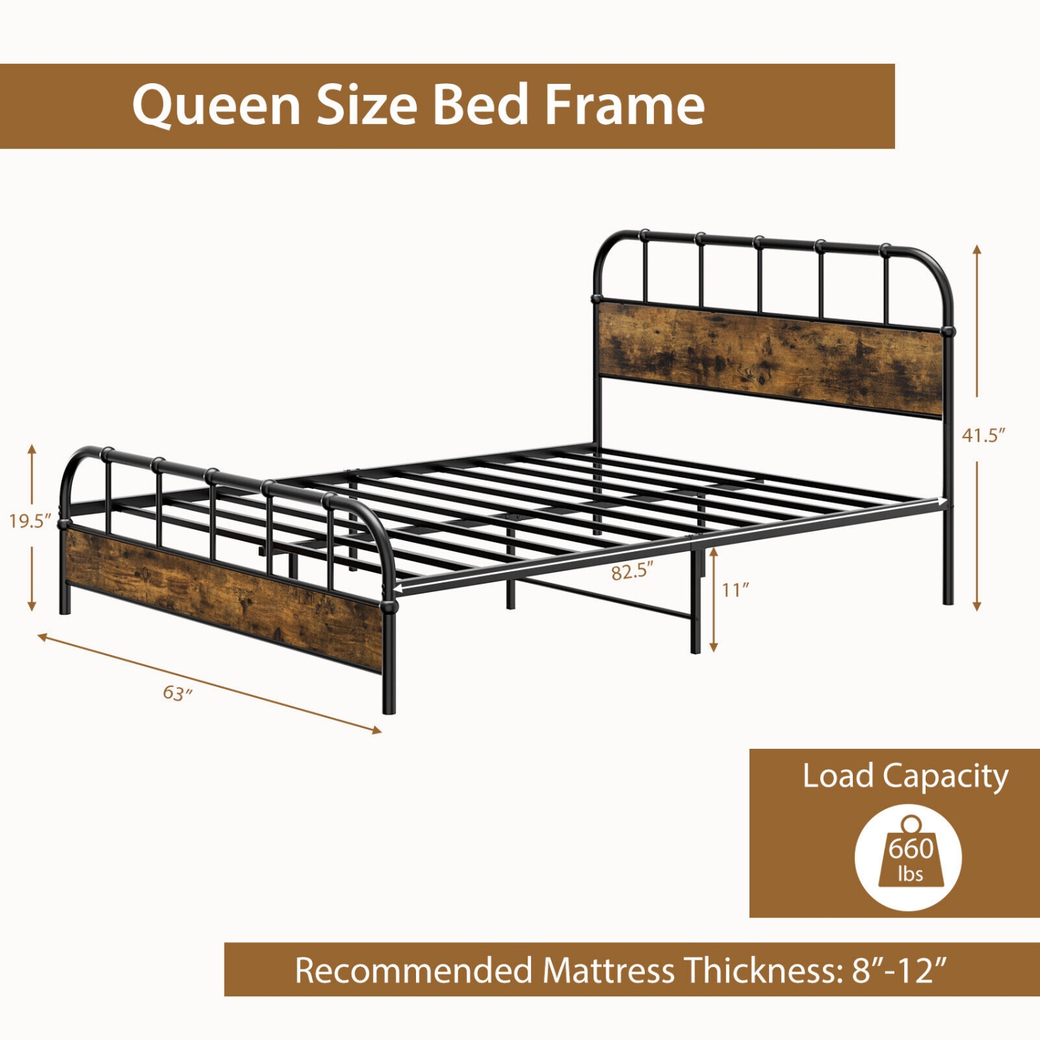 Metal Platform Bed with Industrial Headboard and Strong Mattress Foundation