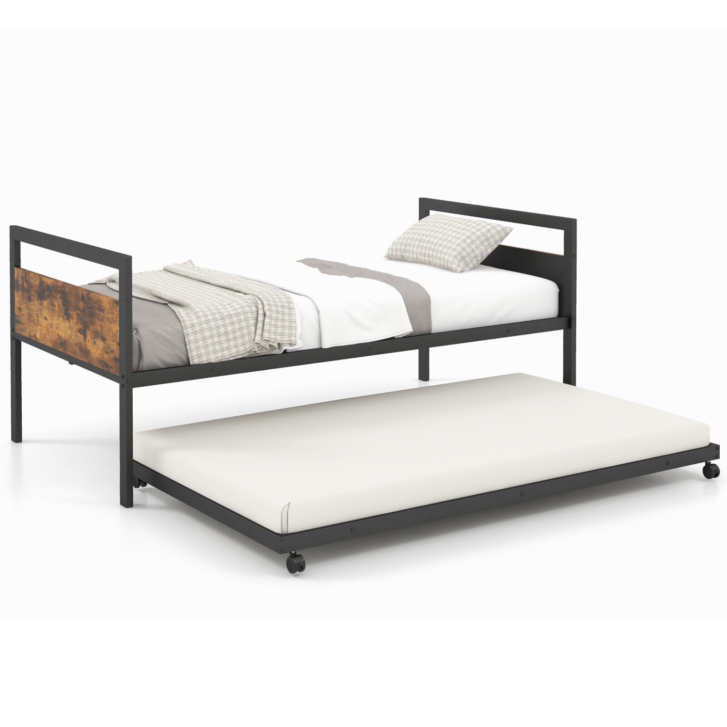 Metal Daybed with Trundle and Lockable Wheels for Guest Room or Bedroom