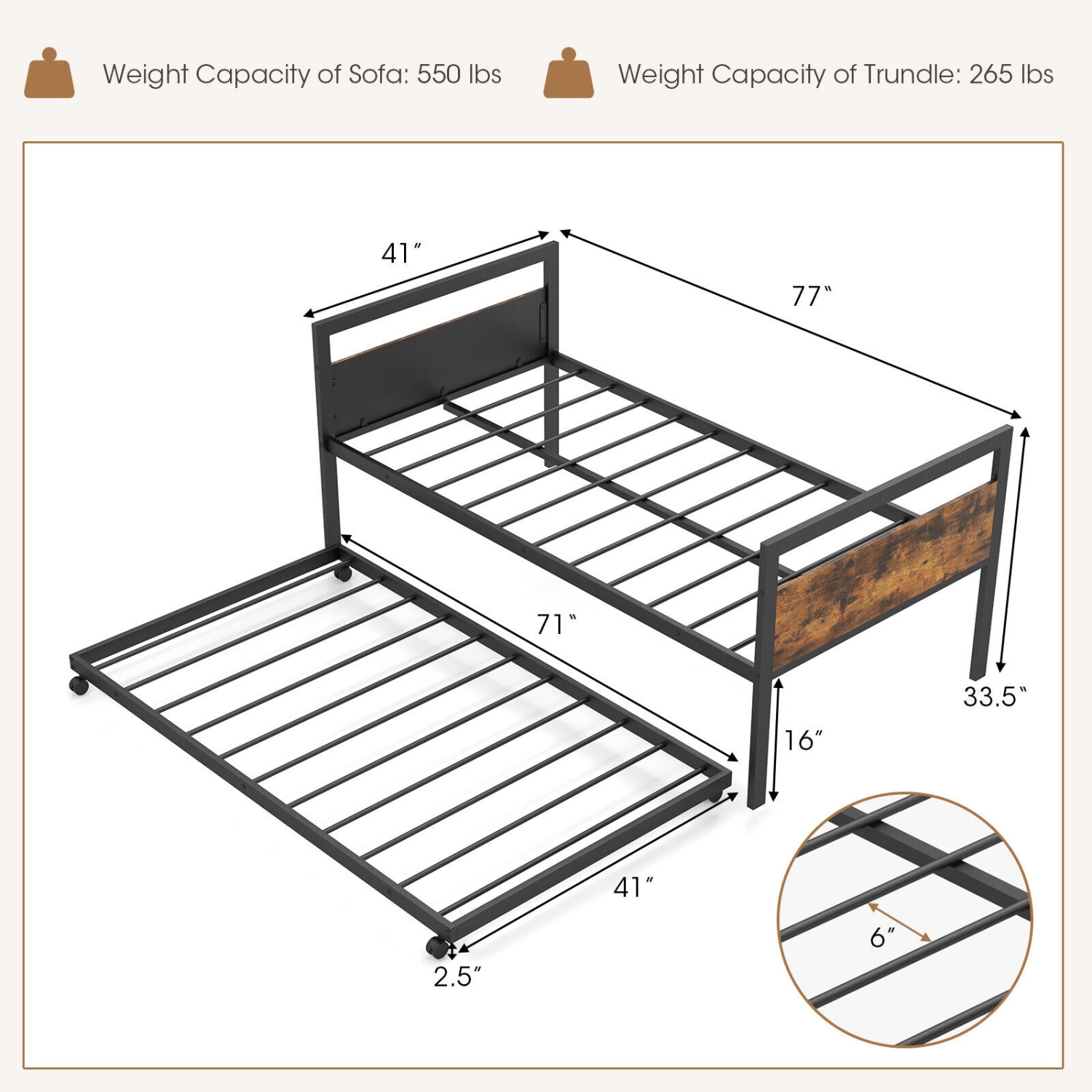 Metal Daybed with Trundle and Lockable Wheels for Guest Room or Bedroom