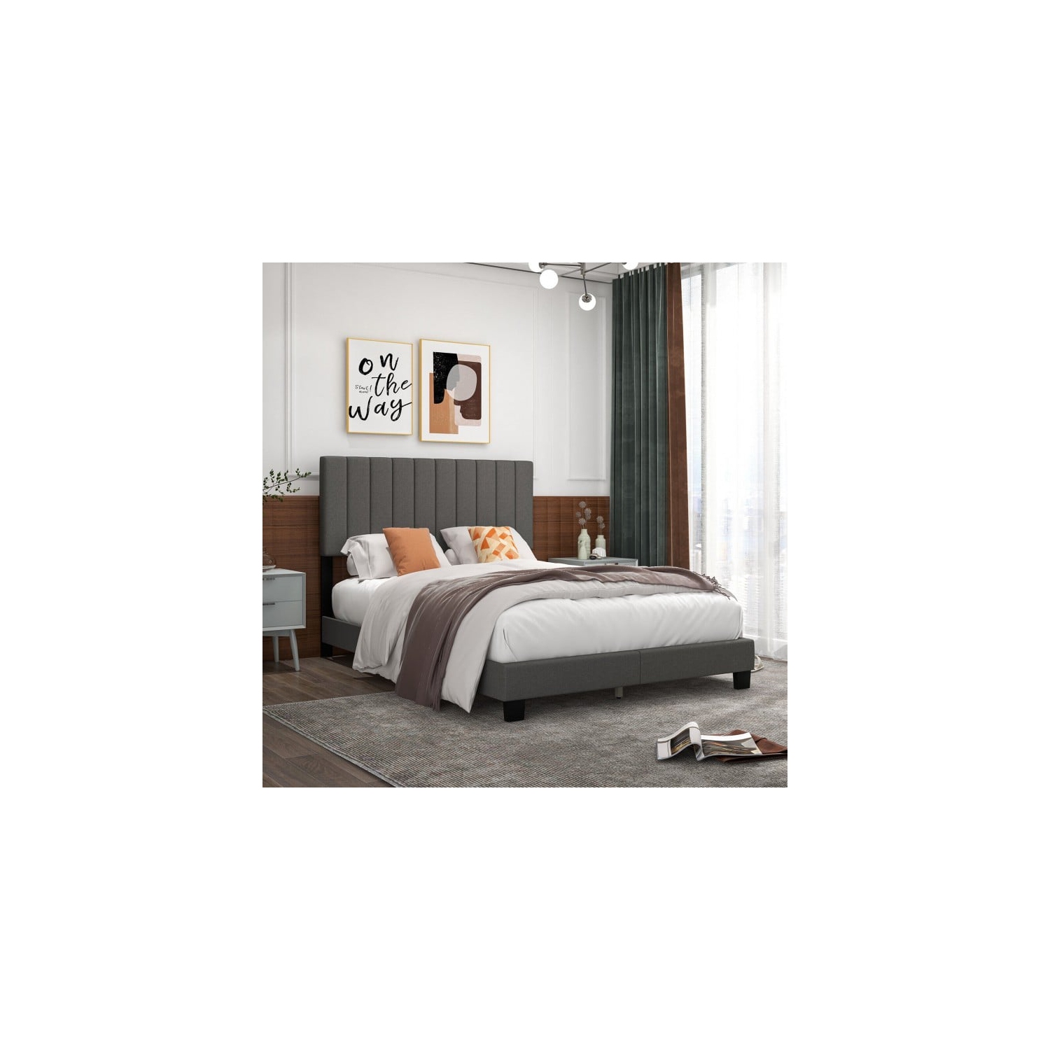 Bed Frame with Upholstered Design and Vertical Channel Tufted Headboard