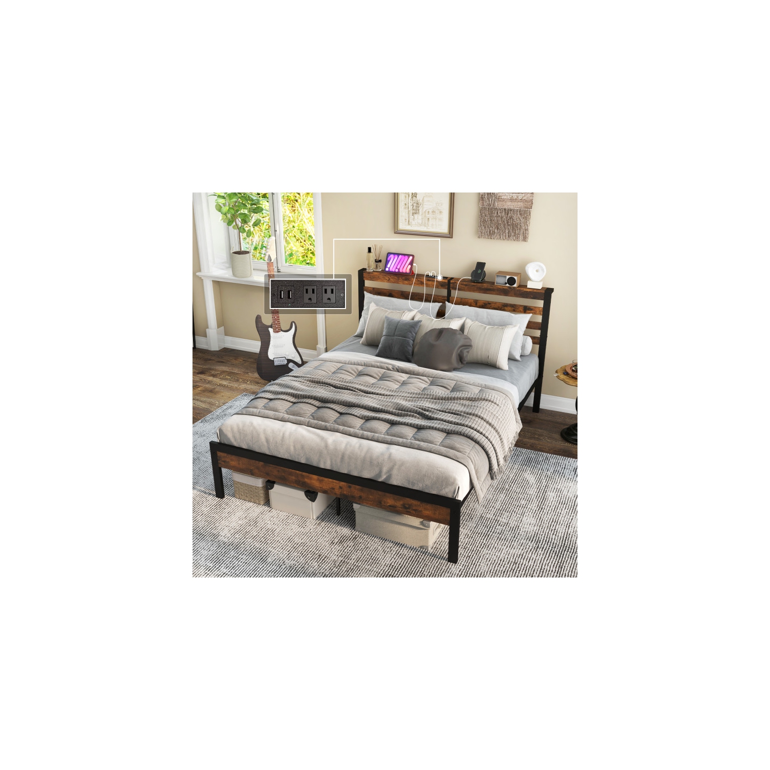 Platform Bed with Storage Headboard and Convenient Charging Ports