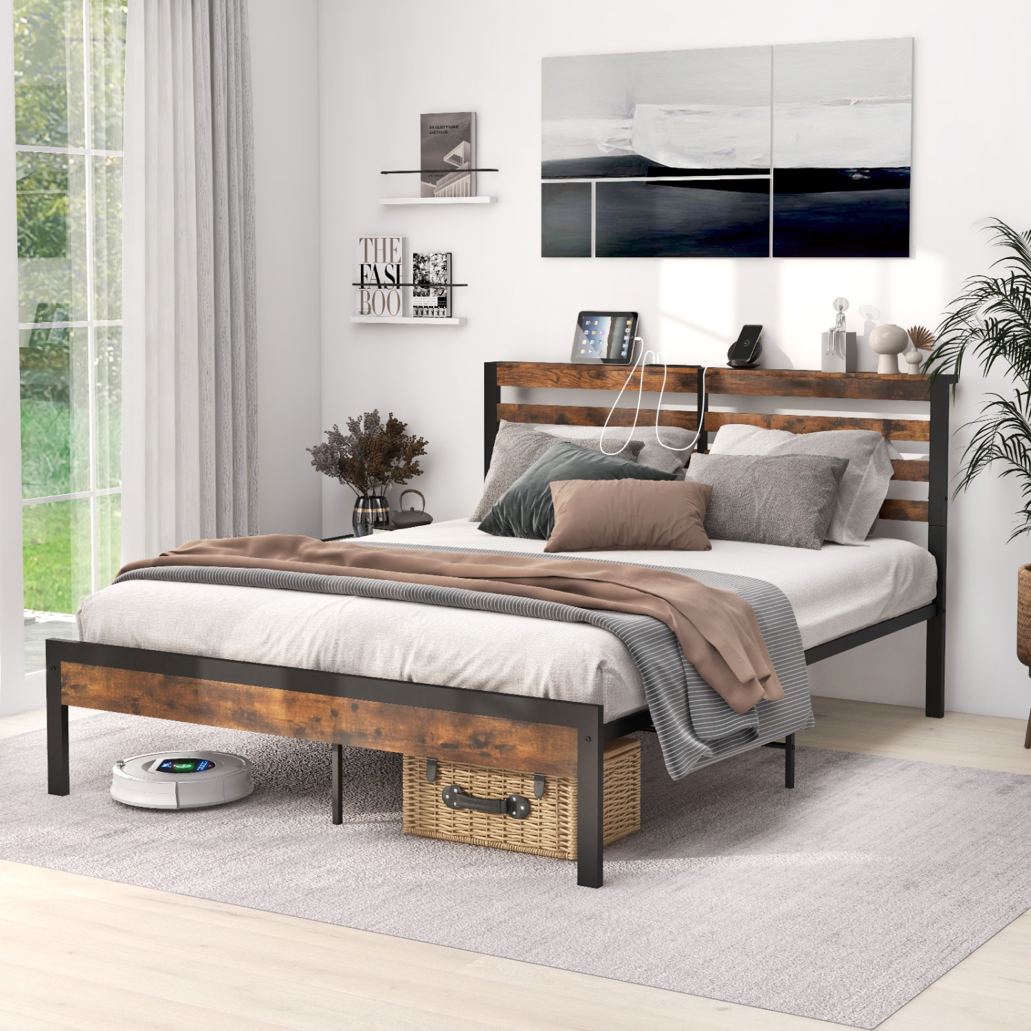 Platform Bed with Storage Headboard and Convenient Charging Ports