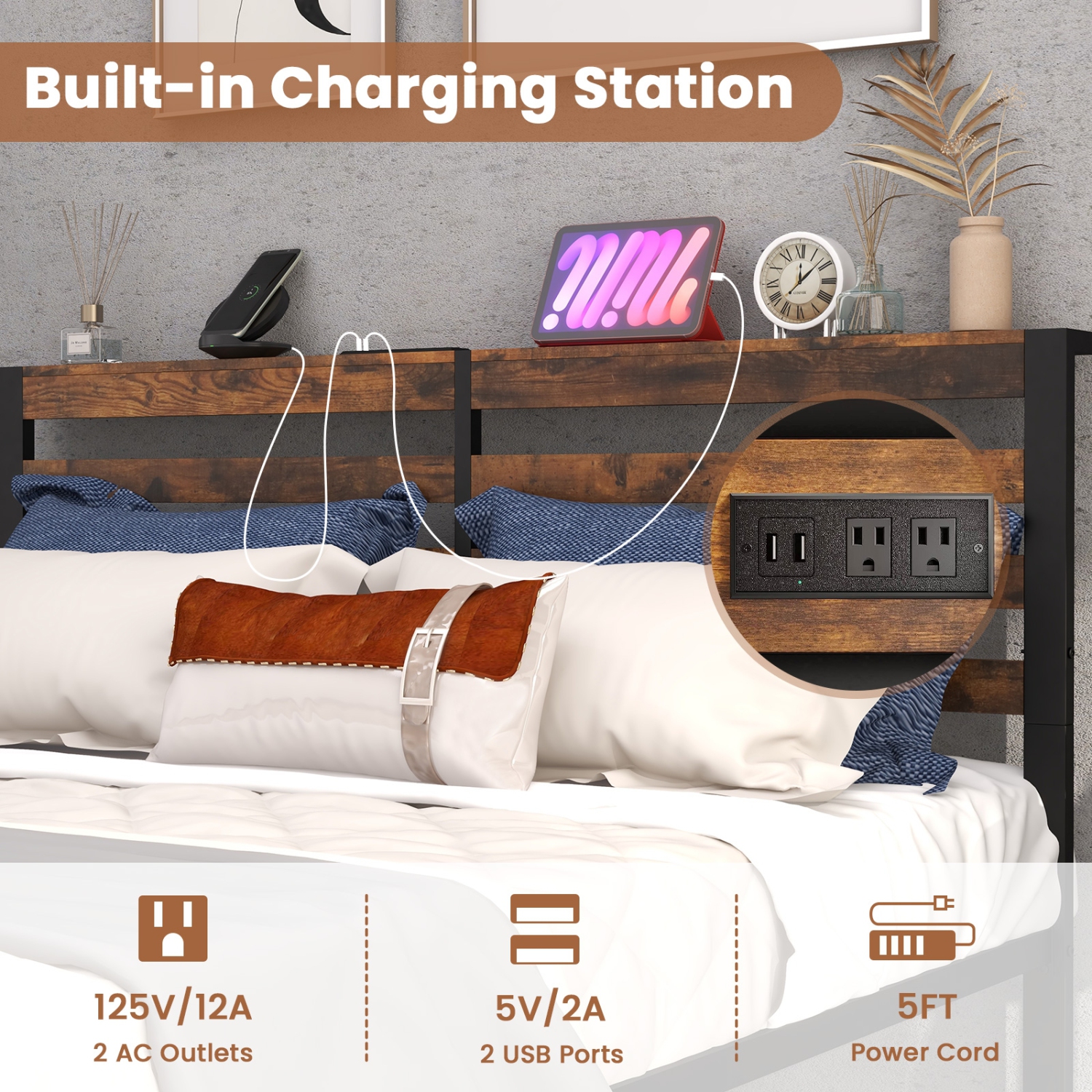 Platform Bed with Storage Headboard and Convenient Charging Ports