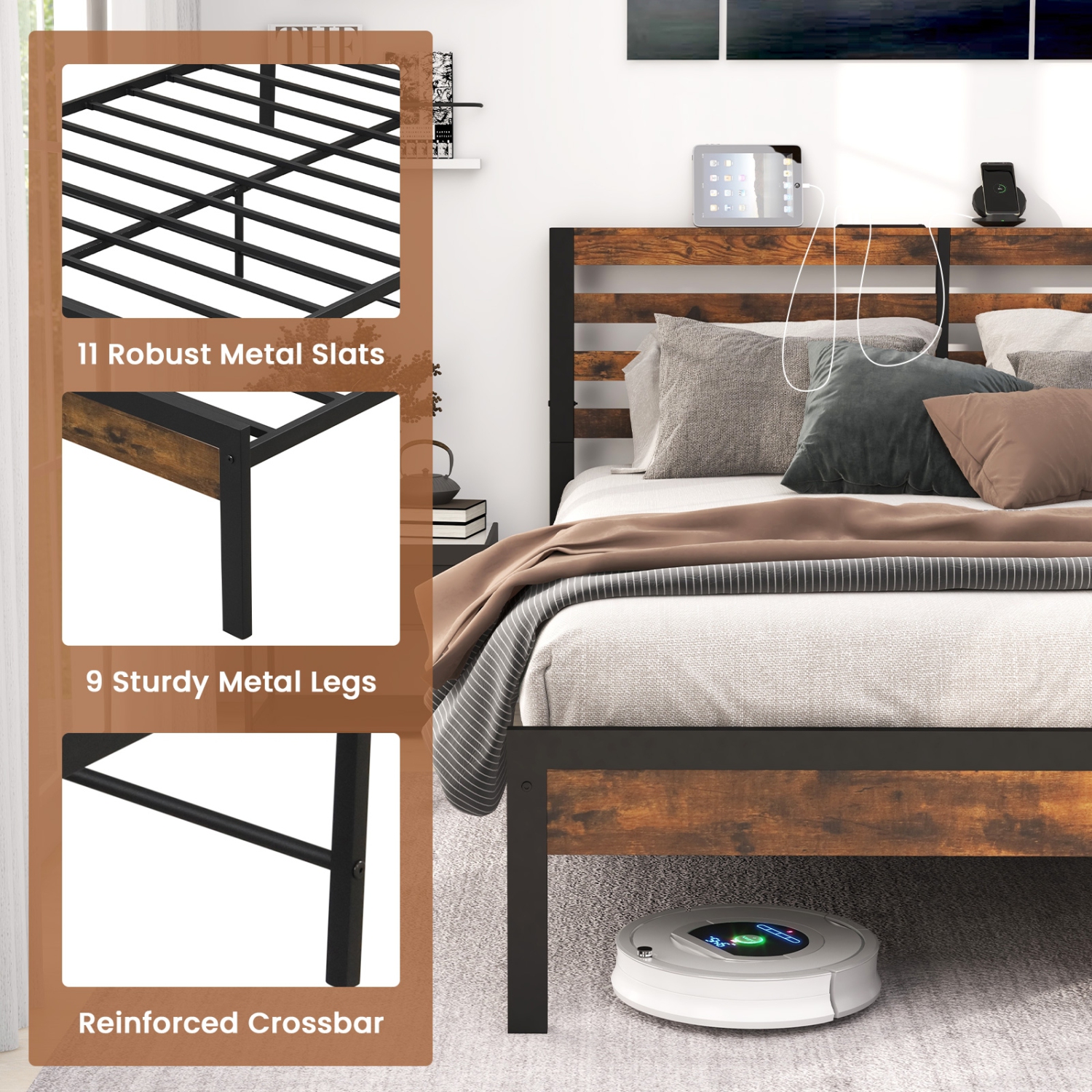 Platform Bed with Storage Headboard and Convenient Charging Ports