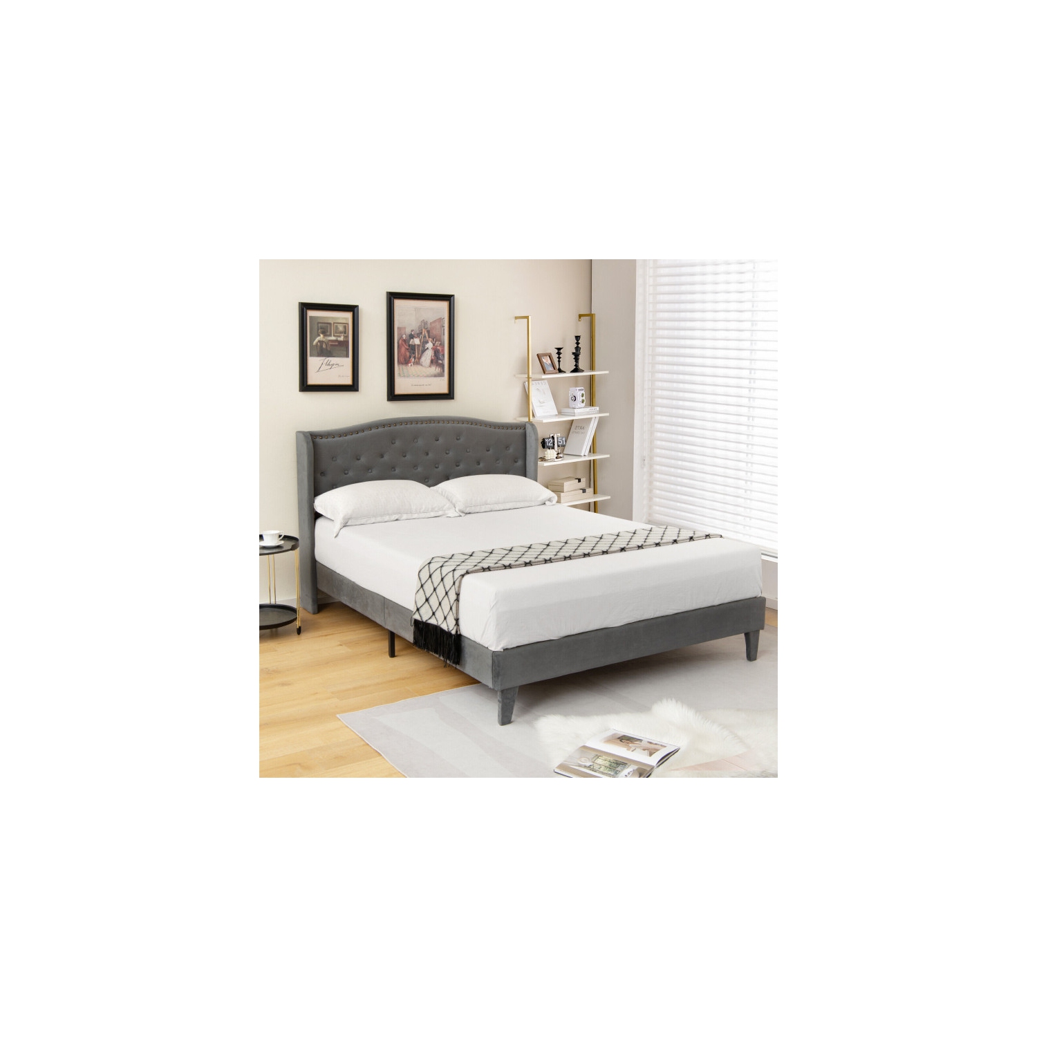 Contemporary Upholstered Bed Frame with Button Tufted Padded Headboard