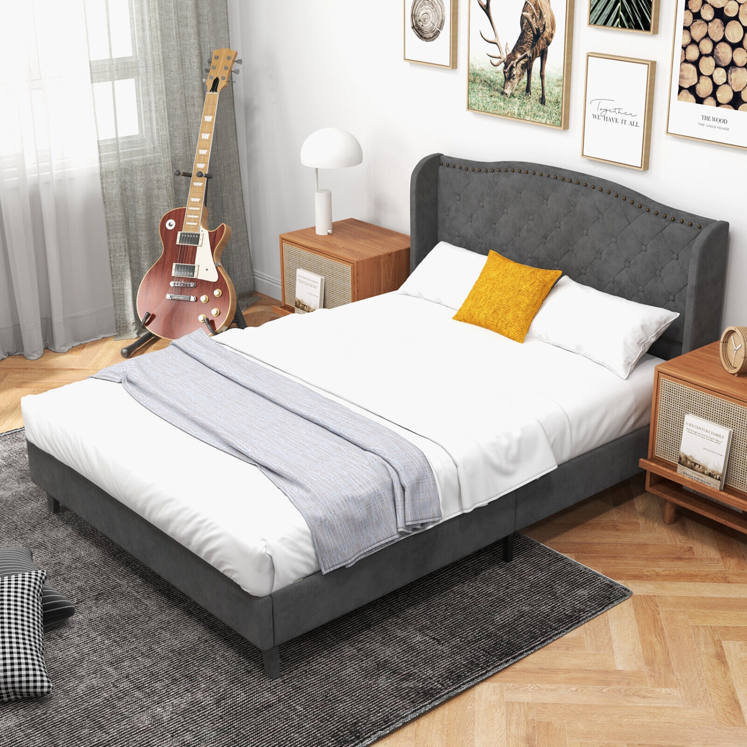 Contemporary Upholstered Bed Frame with Button Tufted Padded Headboard
