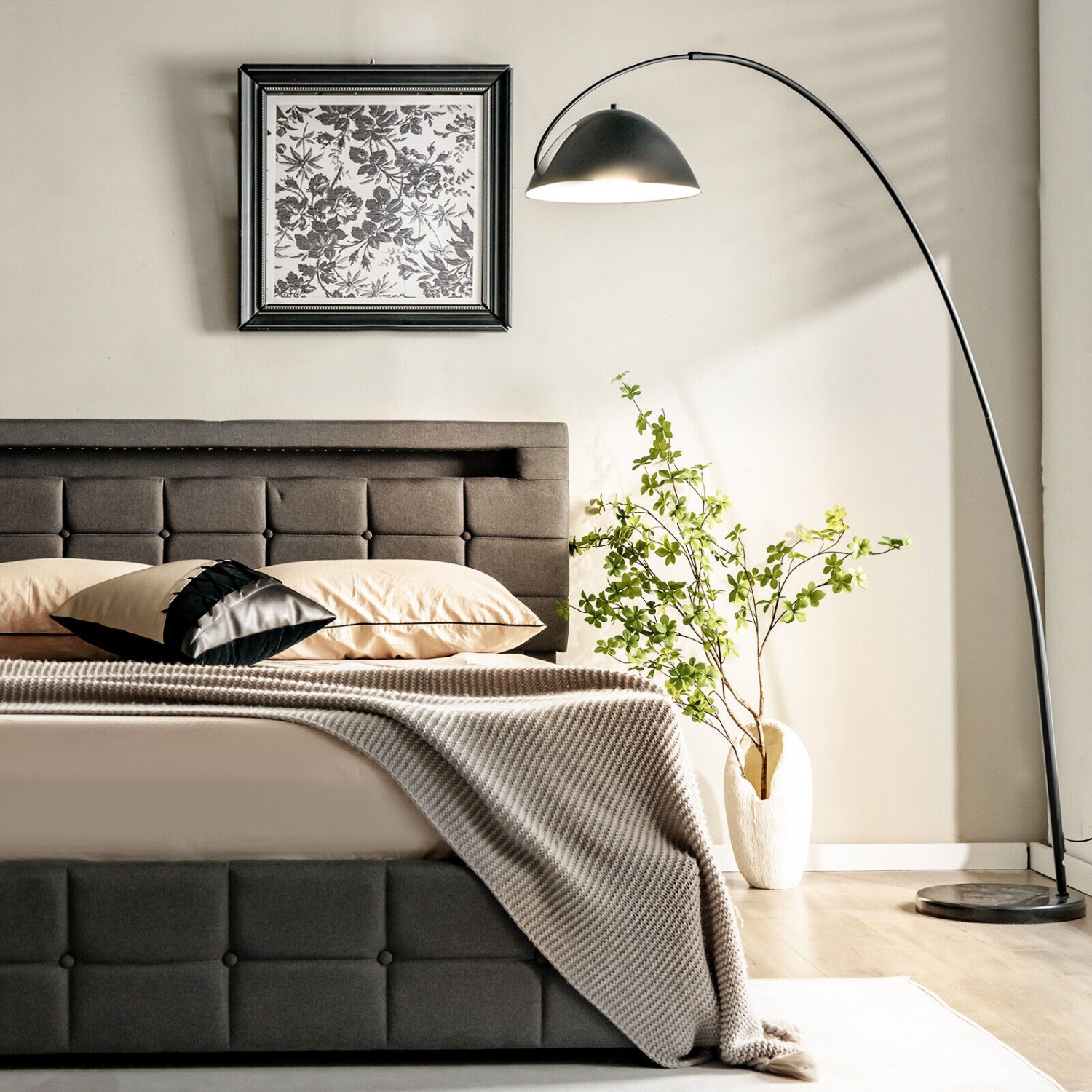 Upholstered LED Bed Frame with Lighted Headboard and 4 Storage Drawers