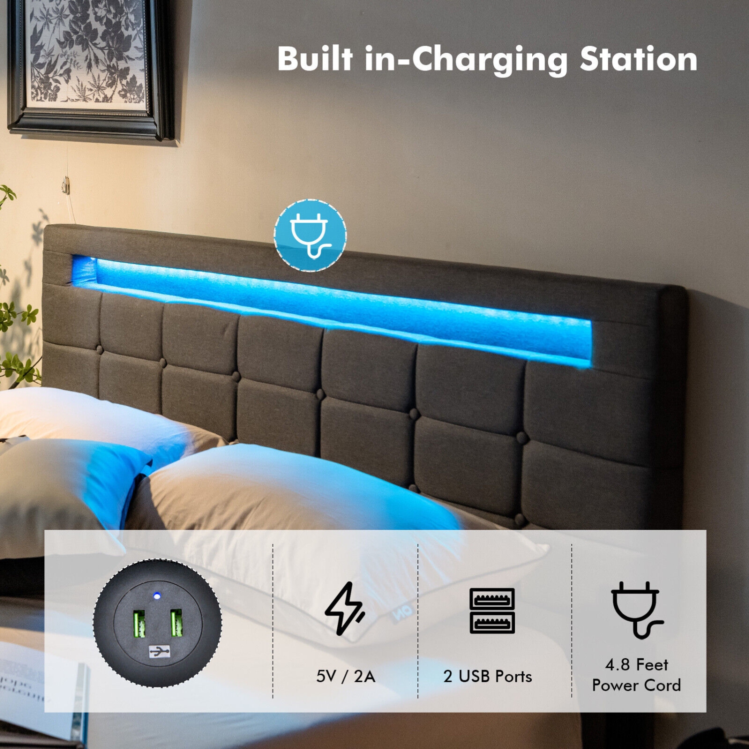 Upholstered LED Bed Frame with Lighted Headboard and 4 Storage Drawers