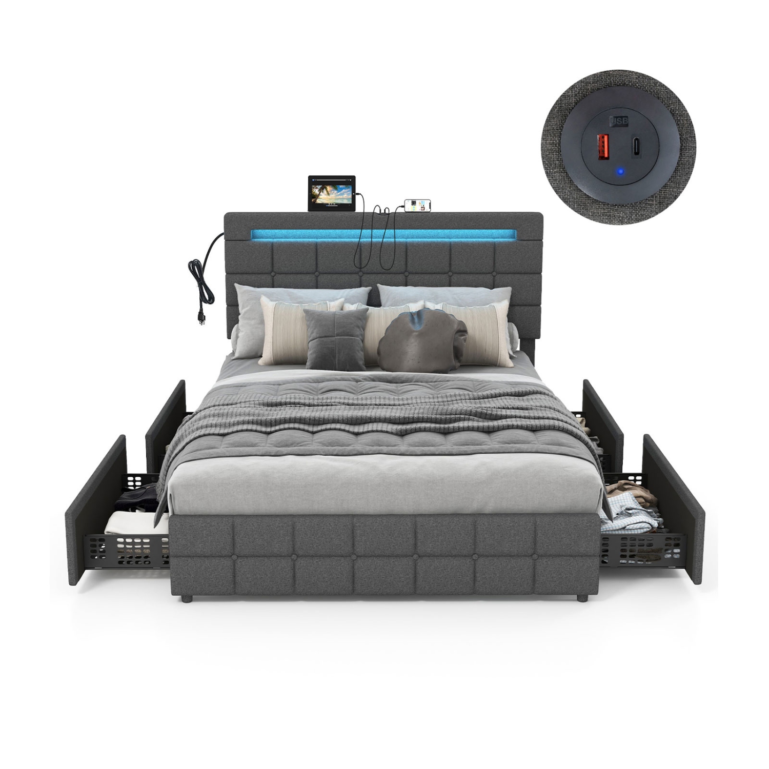 Upholstered LED Bed Frame with Lighted Headboard and 4 Storage Drawers