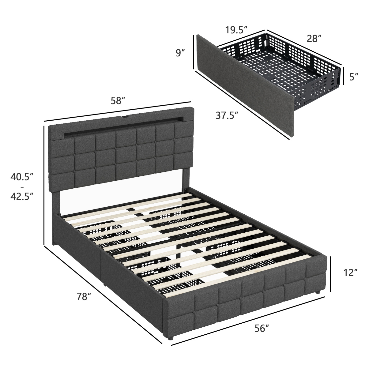 Upholstered LED Bed Frame with Lighted Headboard and 4 Storage Drawers