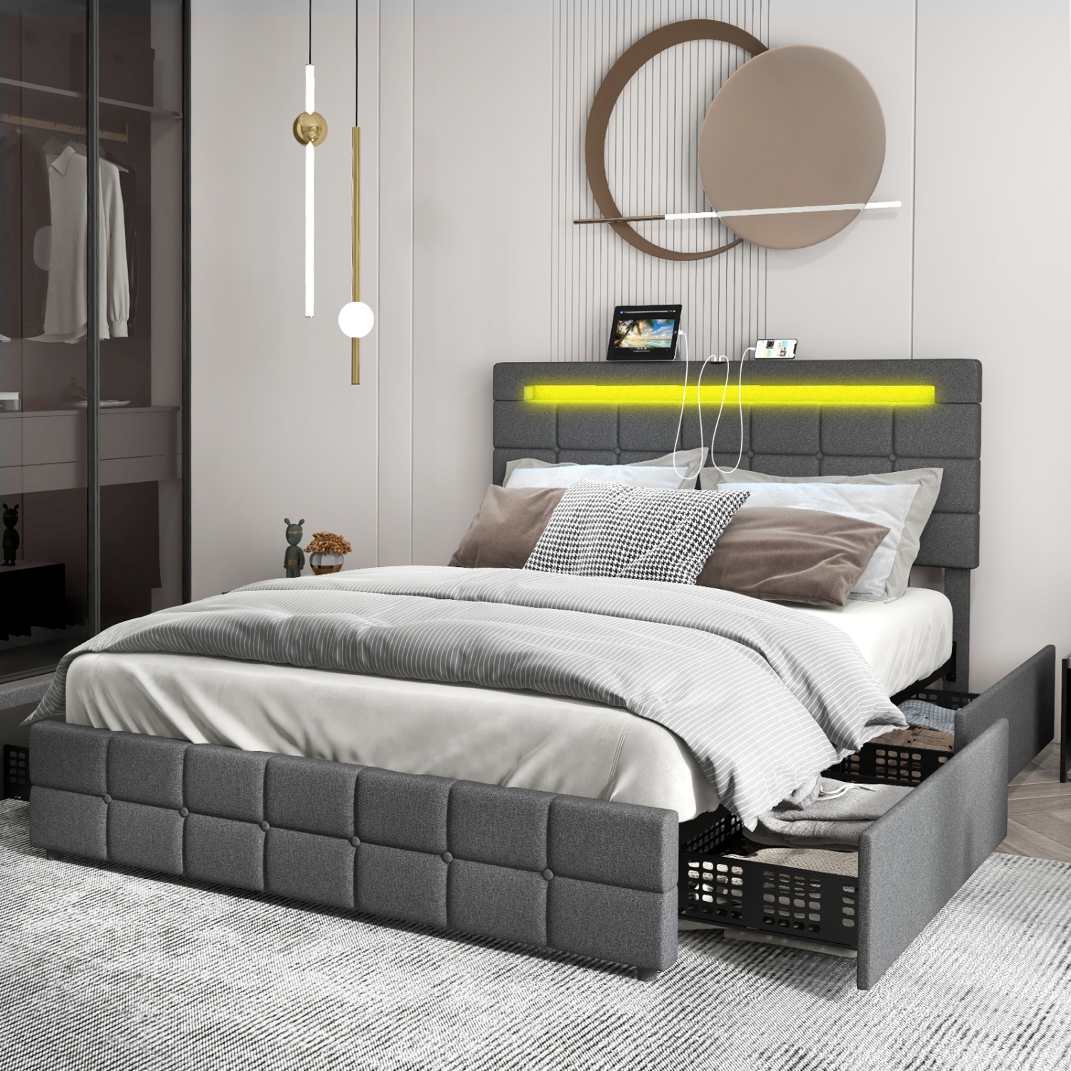 Upholstered LED Bed Frame with Lighted Headboard and 4 Storage Drawers