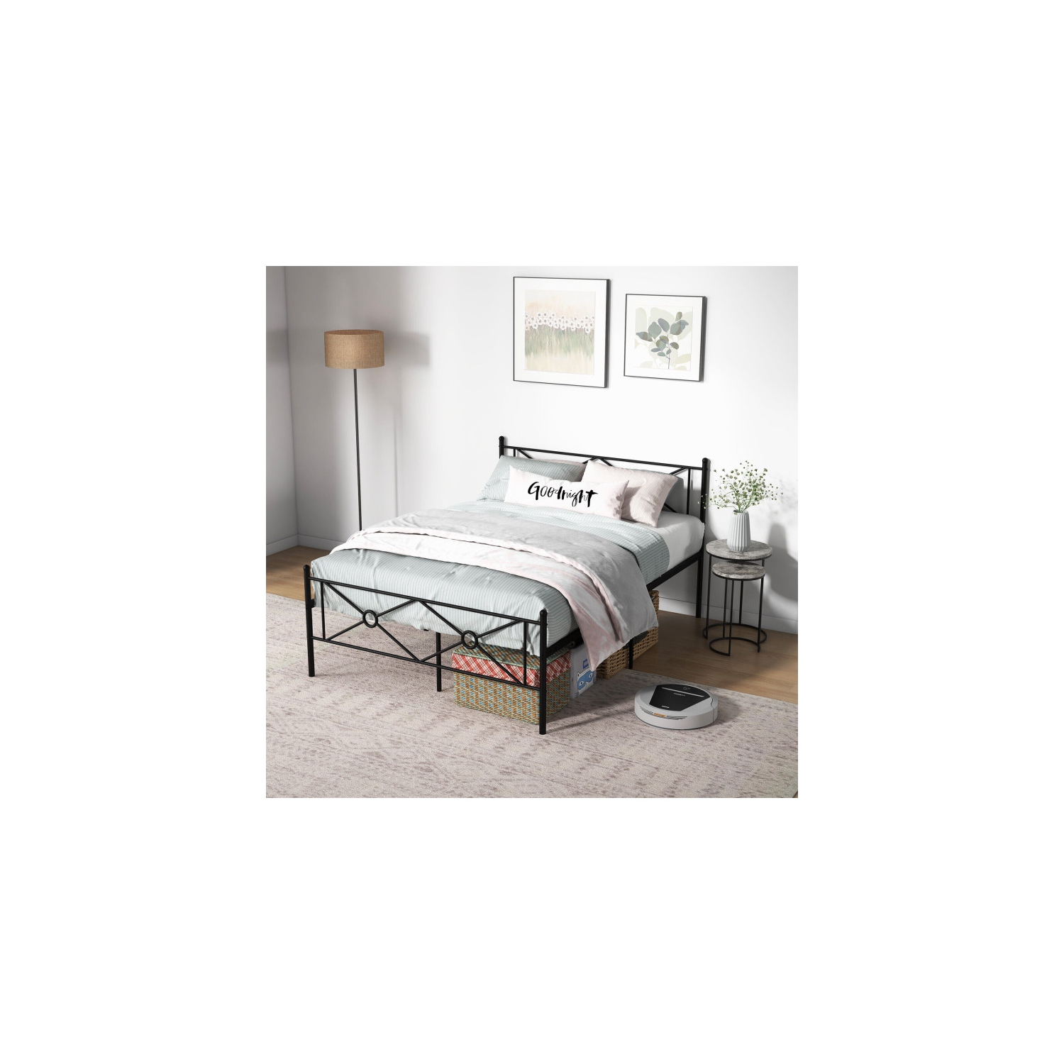 Durable Metal Platform Bed Frame with Decorative Headboard and Foot board