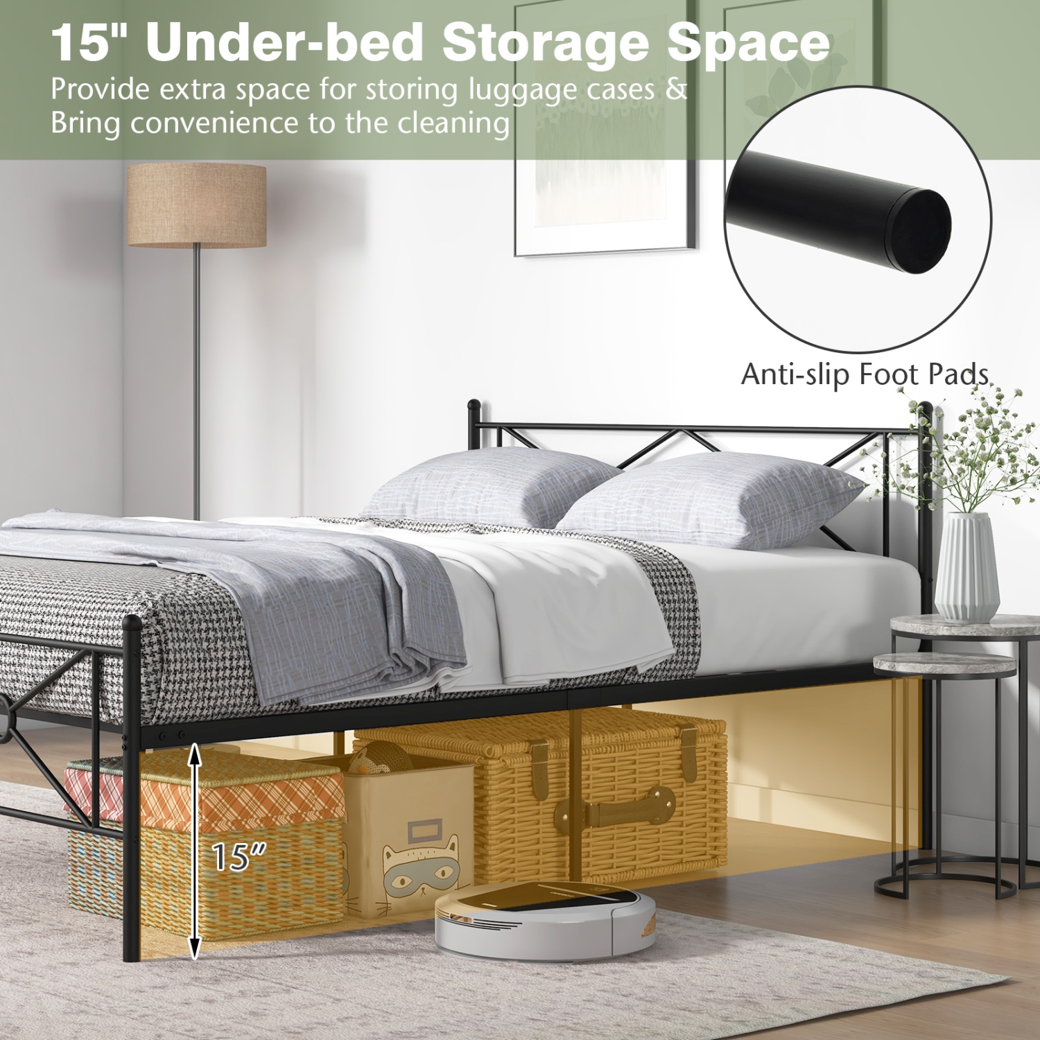 Cadre de lit plateforme en métal durable avec tête et pied de lit décoratifs