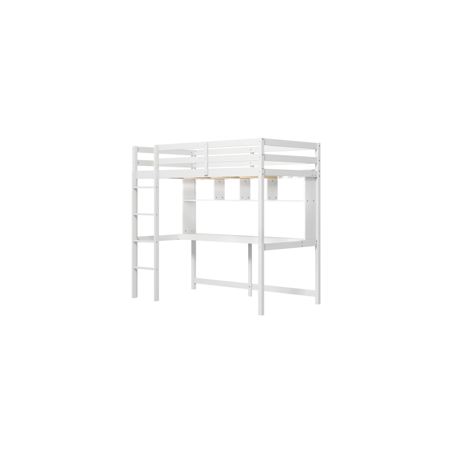 Loft Bed with Desk and Storage Shelves for Dorm or Apartment, No Box Spring