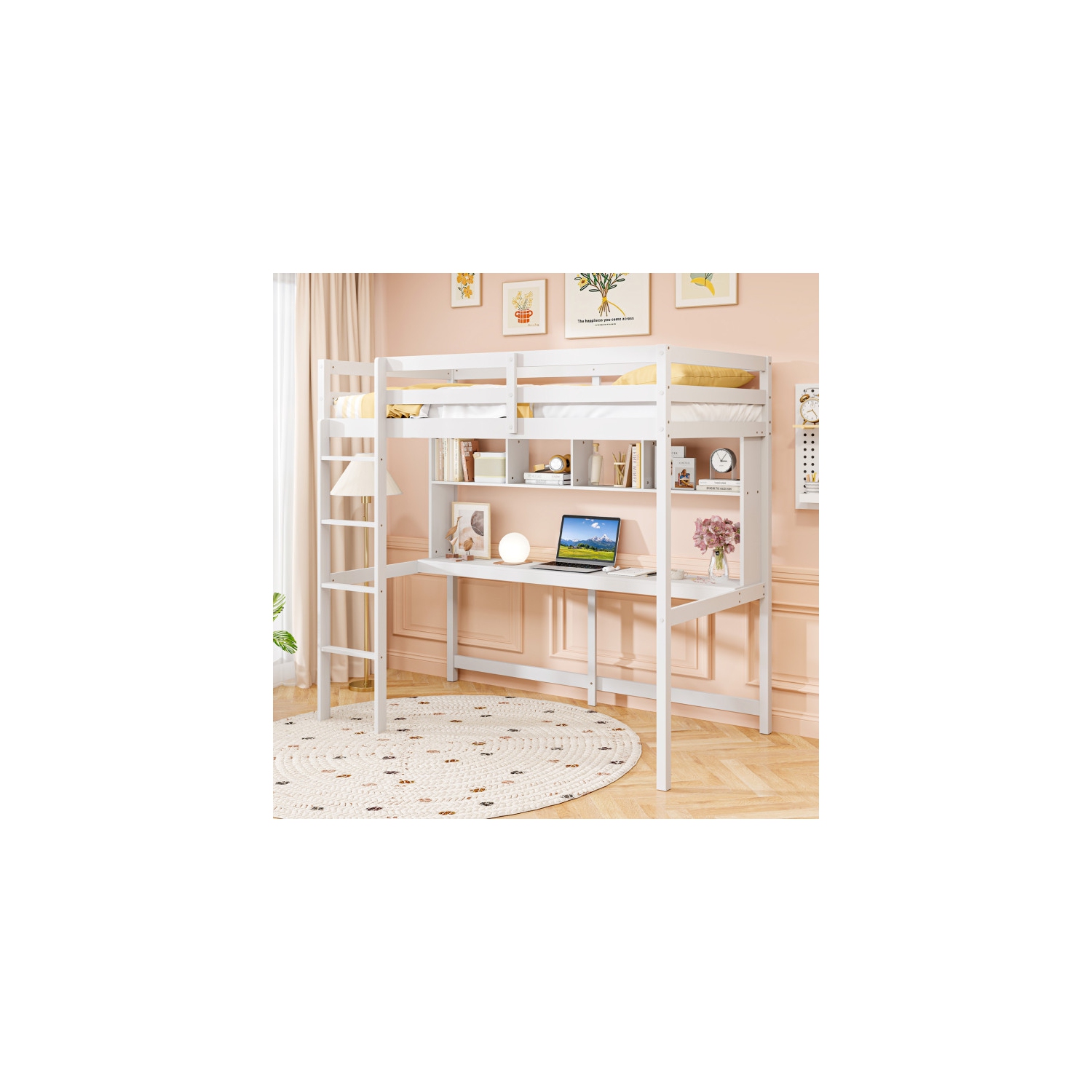 Loft Bed with Desk and Storage Shelves for Dorm or Apartment, No Box Spring