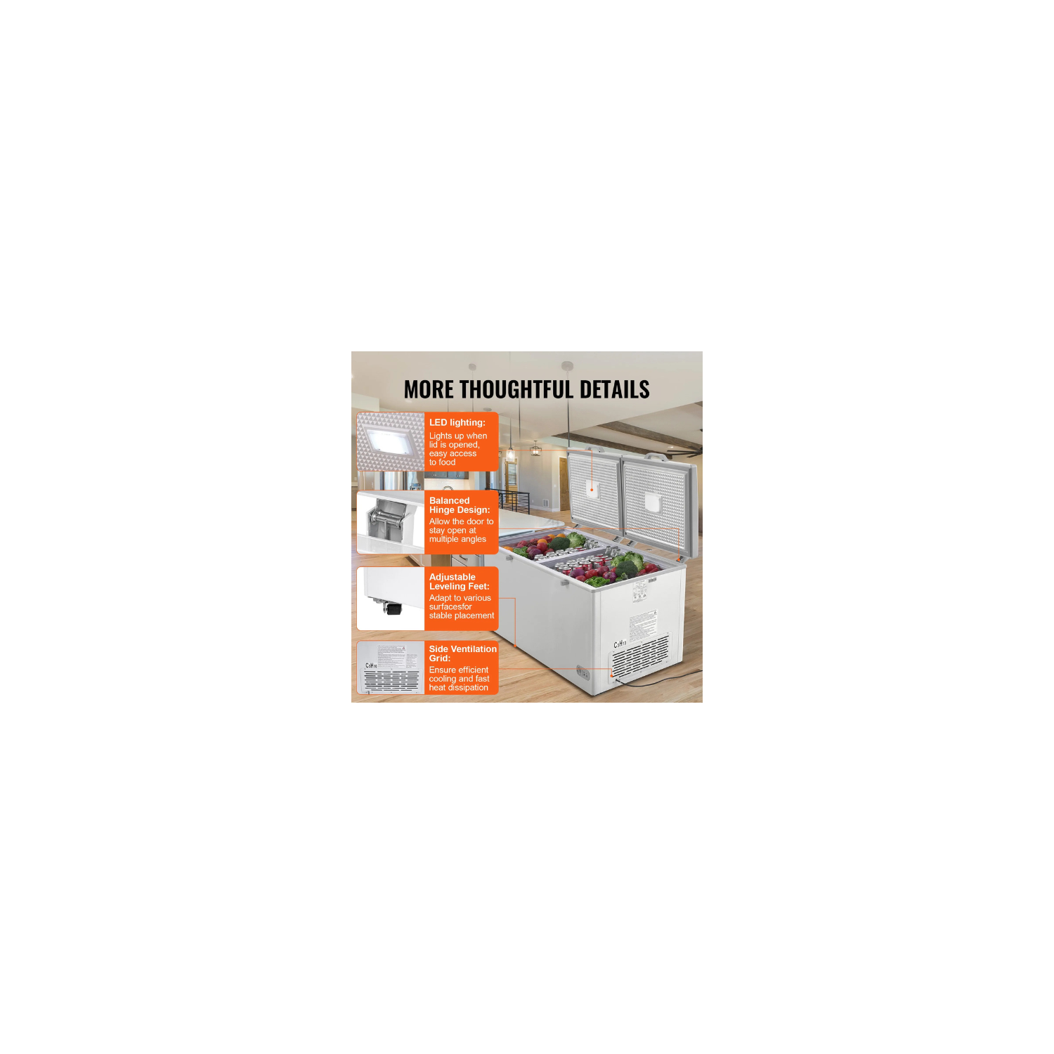 VEVOR BD-600 Chest Freezer, 19.8 Cu.ft / 561 L, Split Top Double Locking Lids, 4 Baskets, Freestanding Commercial Deep Freezer, 7-Level Temp, LED