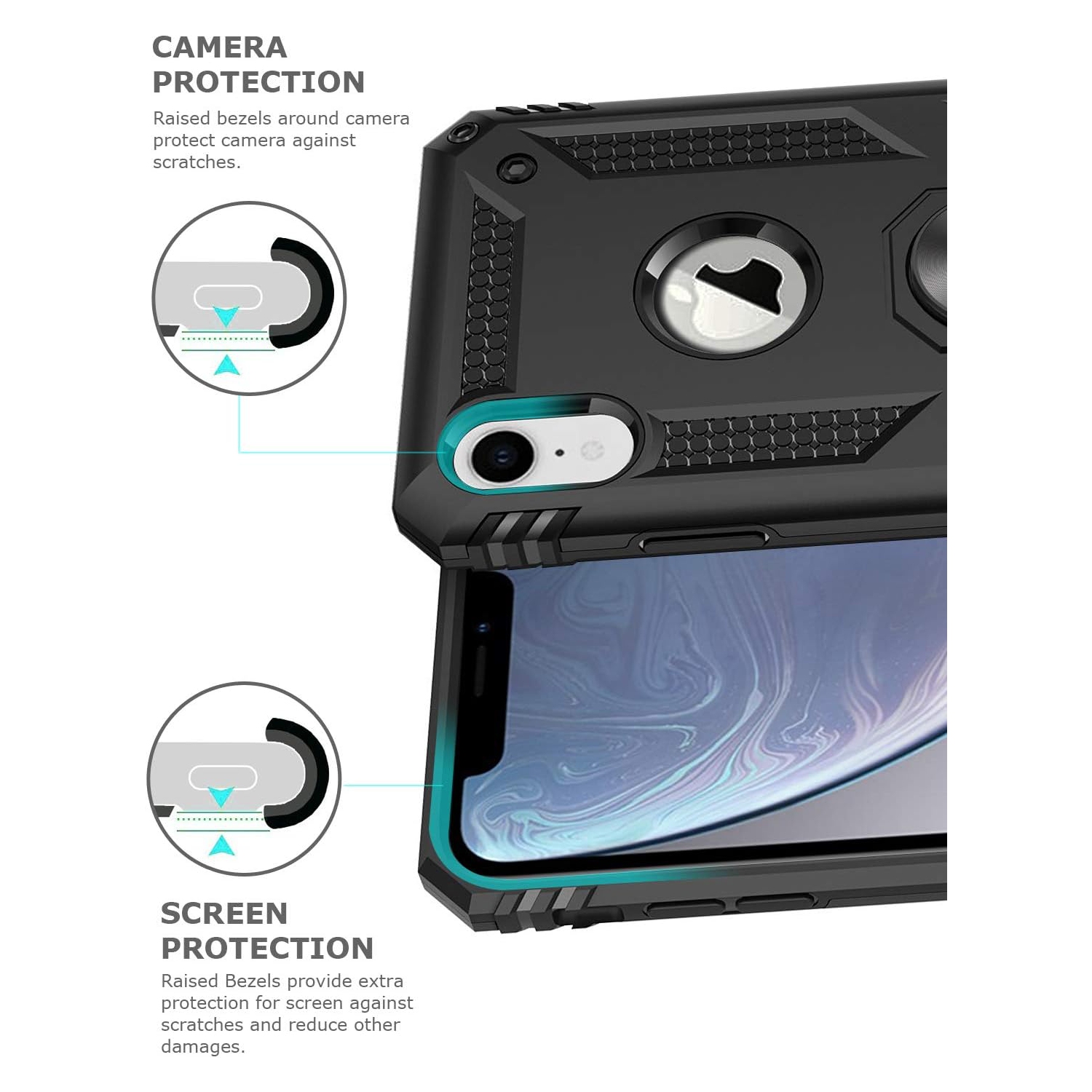 Tasnim for iPhone XR Case, for iPhone XR Phone Case with Screen Protector, Military Grade Protective Cases with Ring for iPhone XR