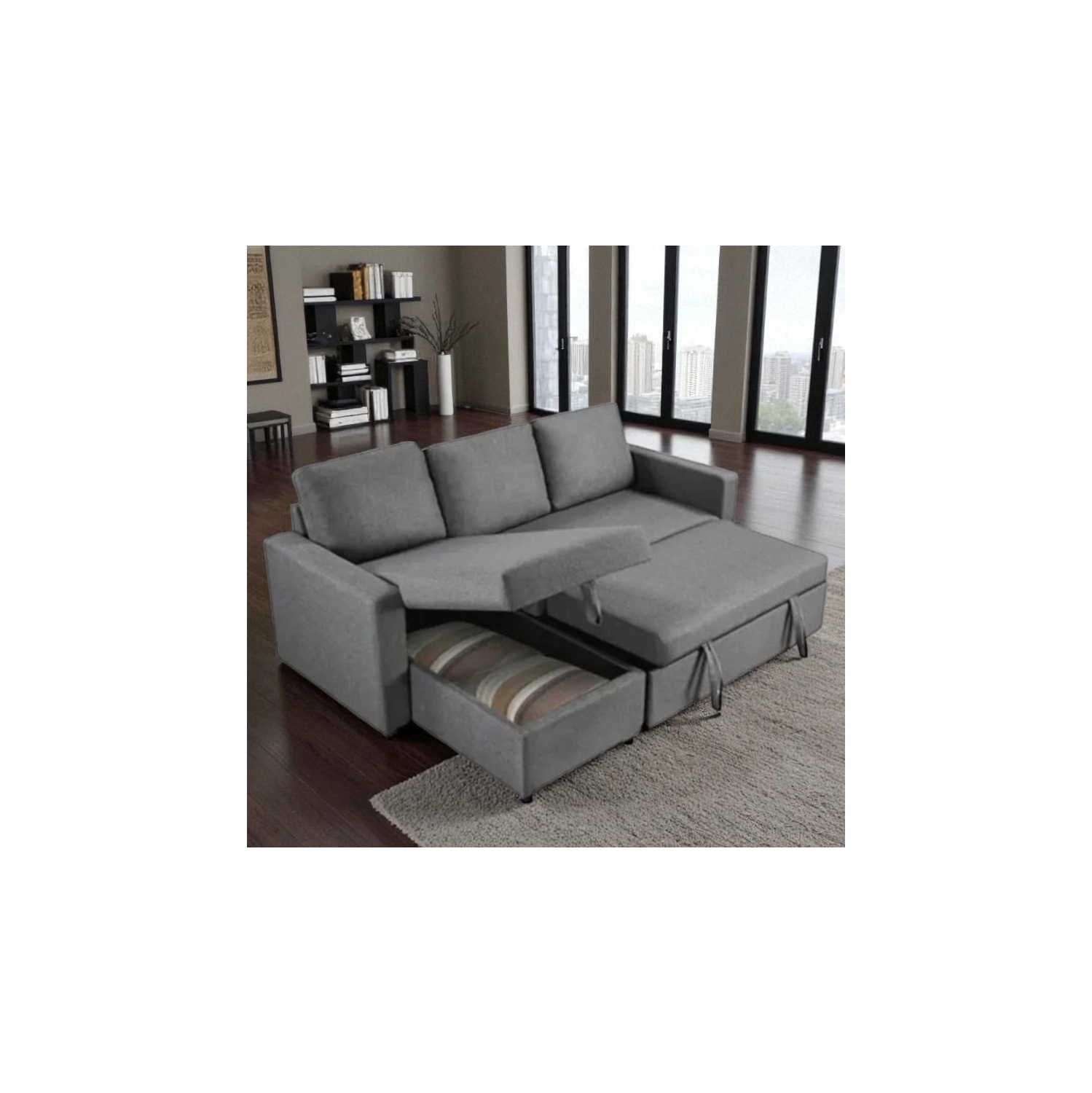 Canapé-lit modulaire recouvert de tissu Plushen de Cosmic Homes avec fauteuil de rangement réversible - Gris