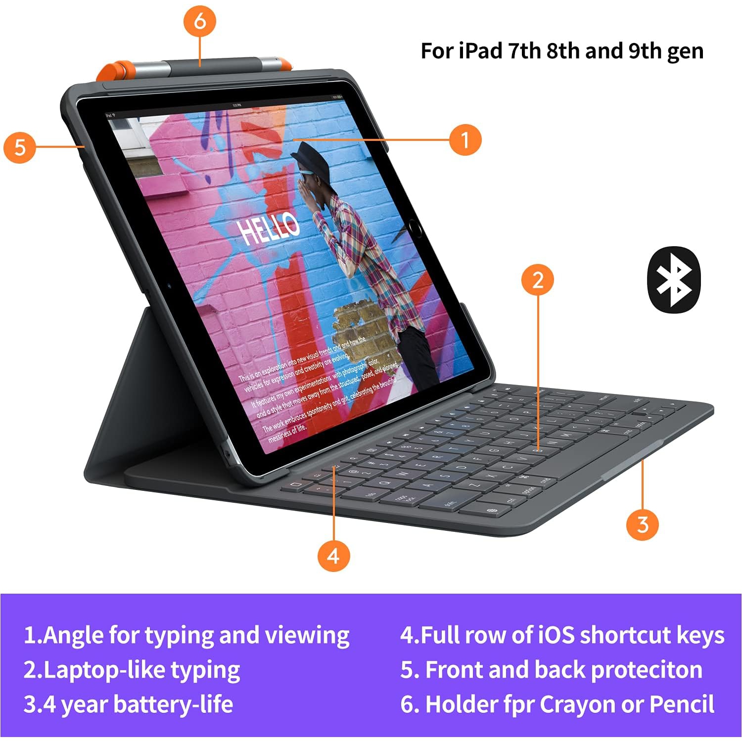 Logitech Slim Folio Keyboard Case for iPad 7th, 8th, 9th Gen, Water Resistant, Bump Resistant, Scratch Resistant, Laptop-Like Typing - Graphite