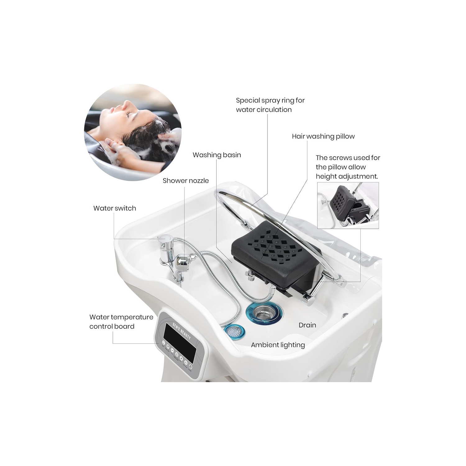 Gen'C Béauty Professional Premium Head Spa Equipment Mobile Hair Wash Basin with Water Circulation