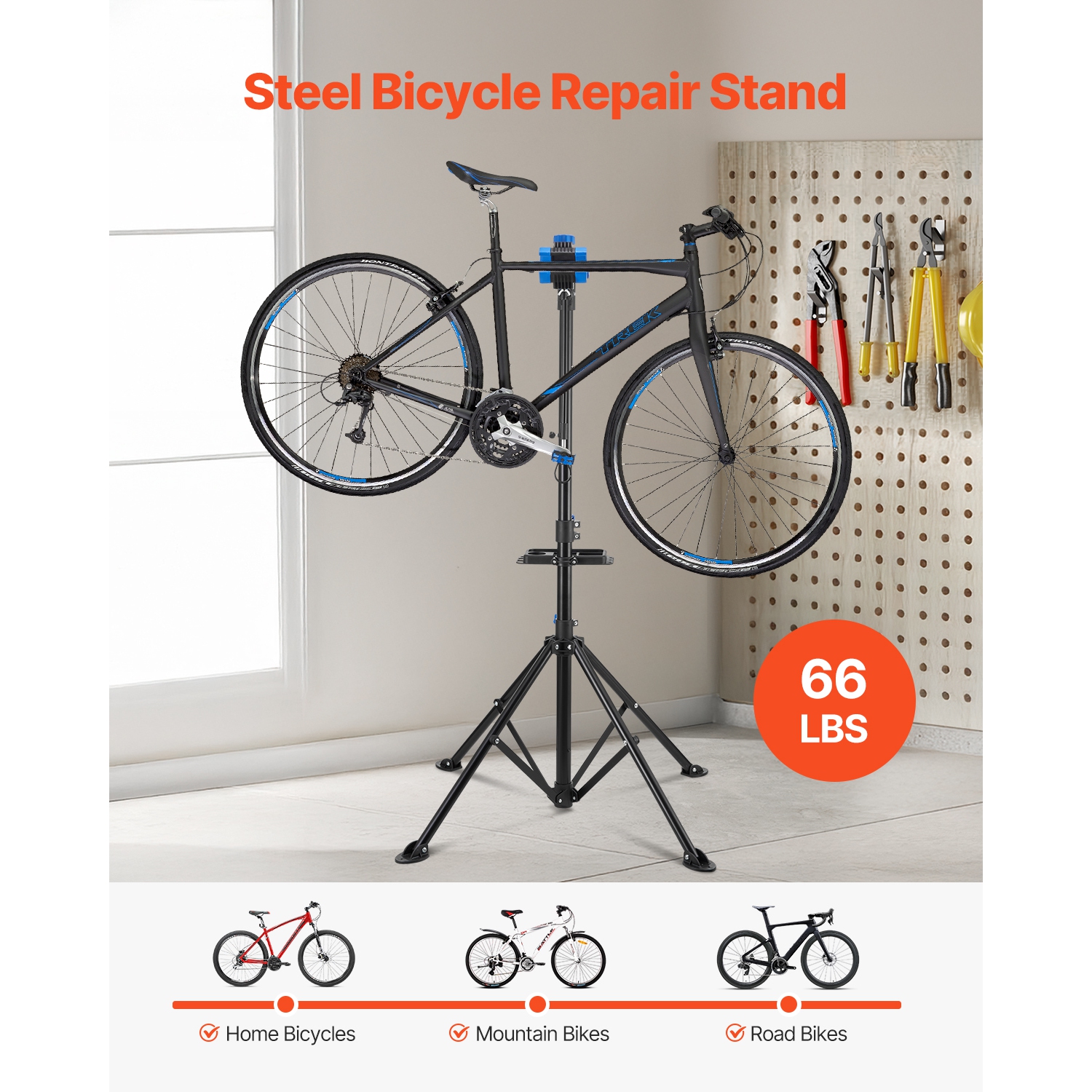 VEVOR 66 lb Bike Repair Stand, Heavy-duty Bicycle Work Stand with 32.8-56.6 in Adjustable Height & Magnetic Tool Tray, Foldable Bicycle Maintenance