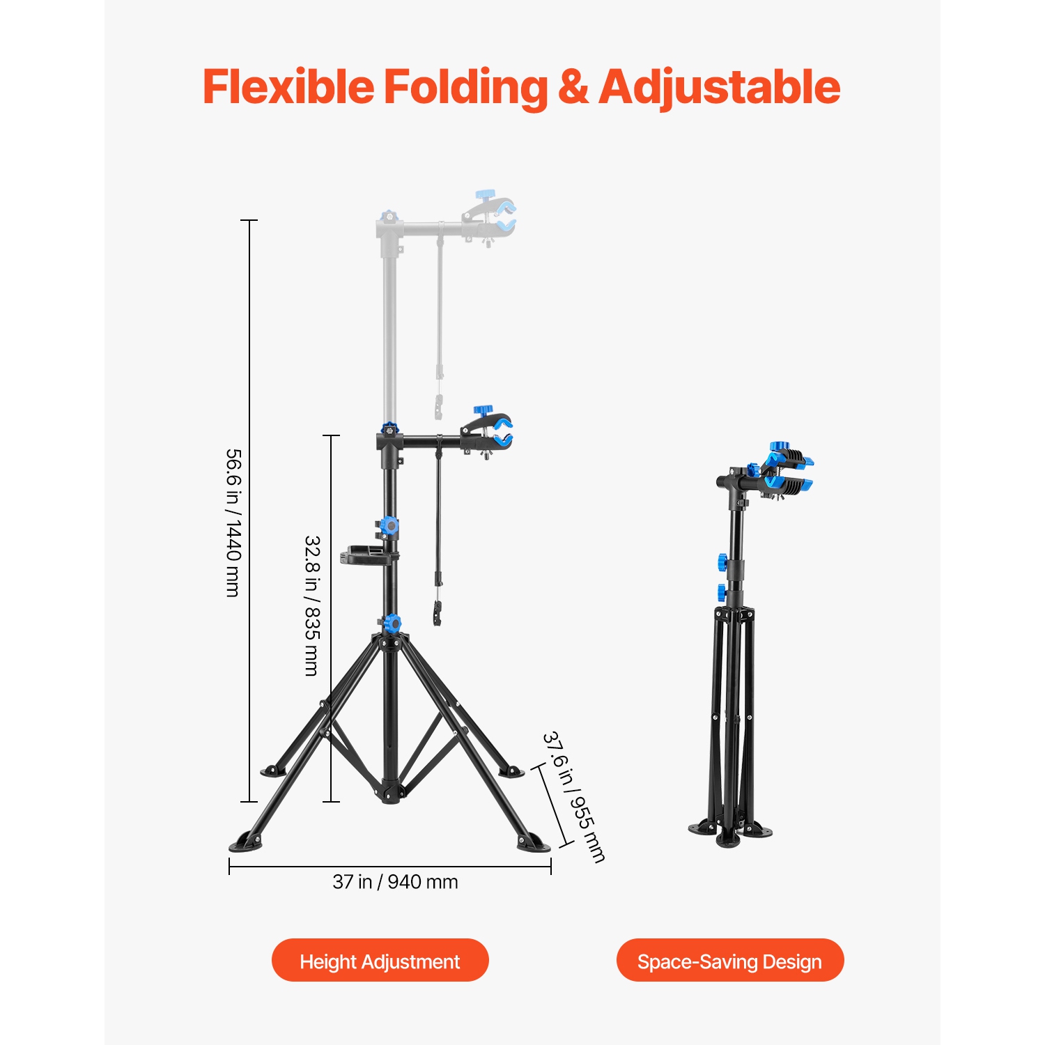 VEVOR 66 lb Bike Repair Stand, Heavy-duty Bicycle Work Stand with 32.8-56.6 in Adjustable Height & Magnetic Tool Tray, Foldable Bicycle Maintenance