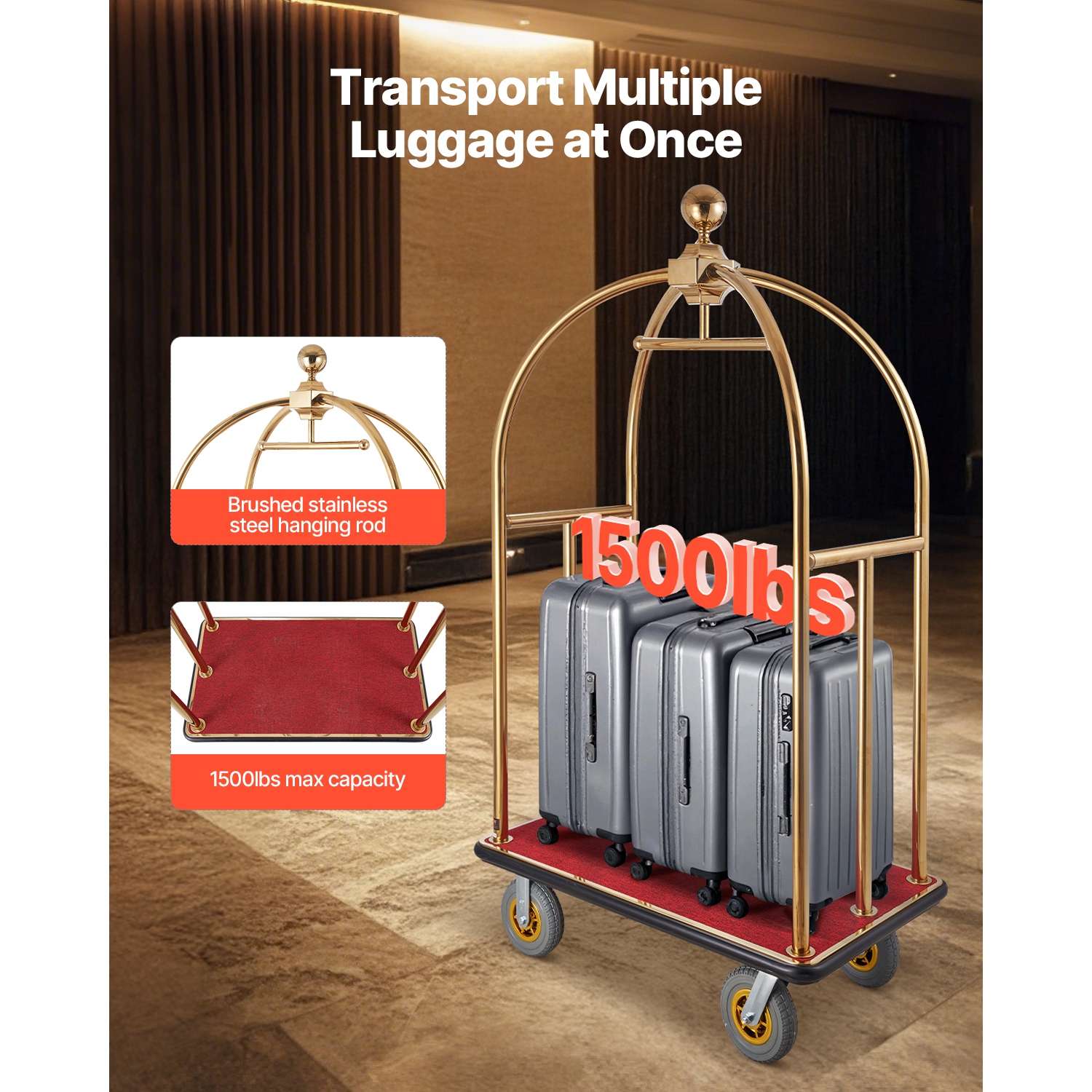Chariot à bagages VEVOR de 1500 LB, chariot incurvé en acier inoxydable brossé Bellman, voiturier avec plateforme en tapis rouge et roues en
