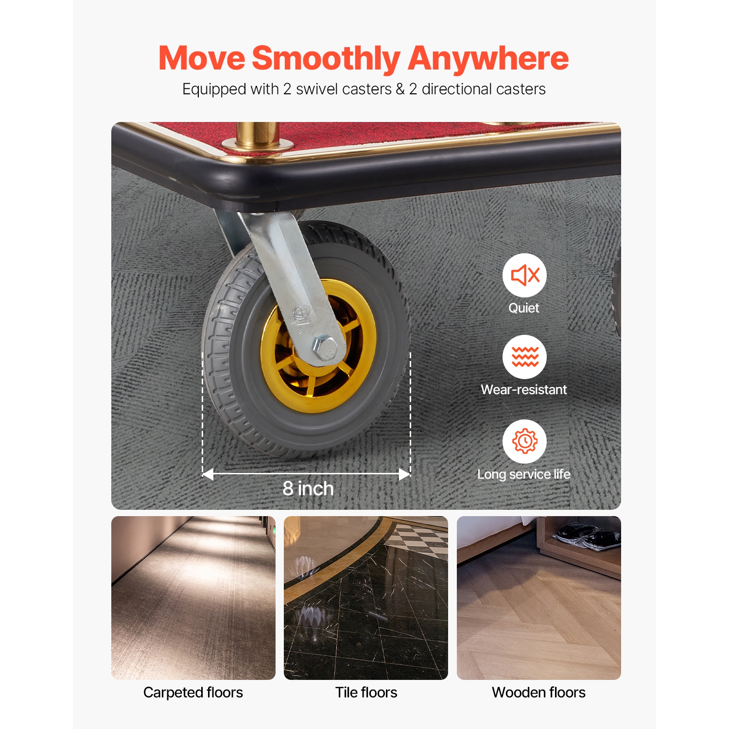 Chariot à bagages VEVOR de 1500 LB, chariot incurvé en acier inoxydable brossé Bellman, voiturier avec plateforme en tapis rouge et roues en