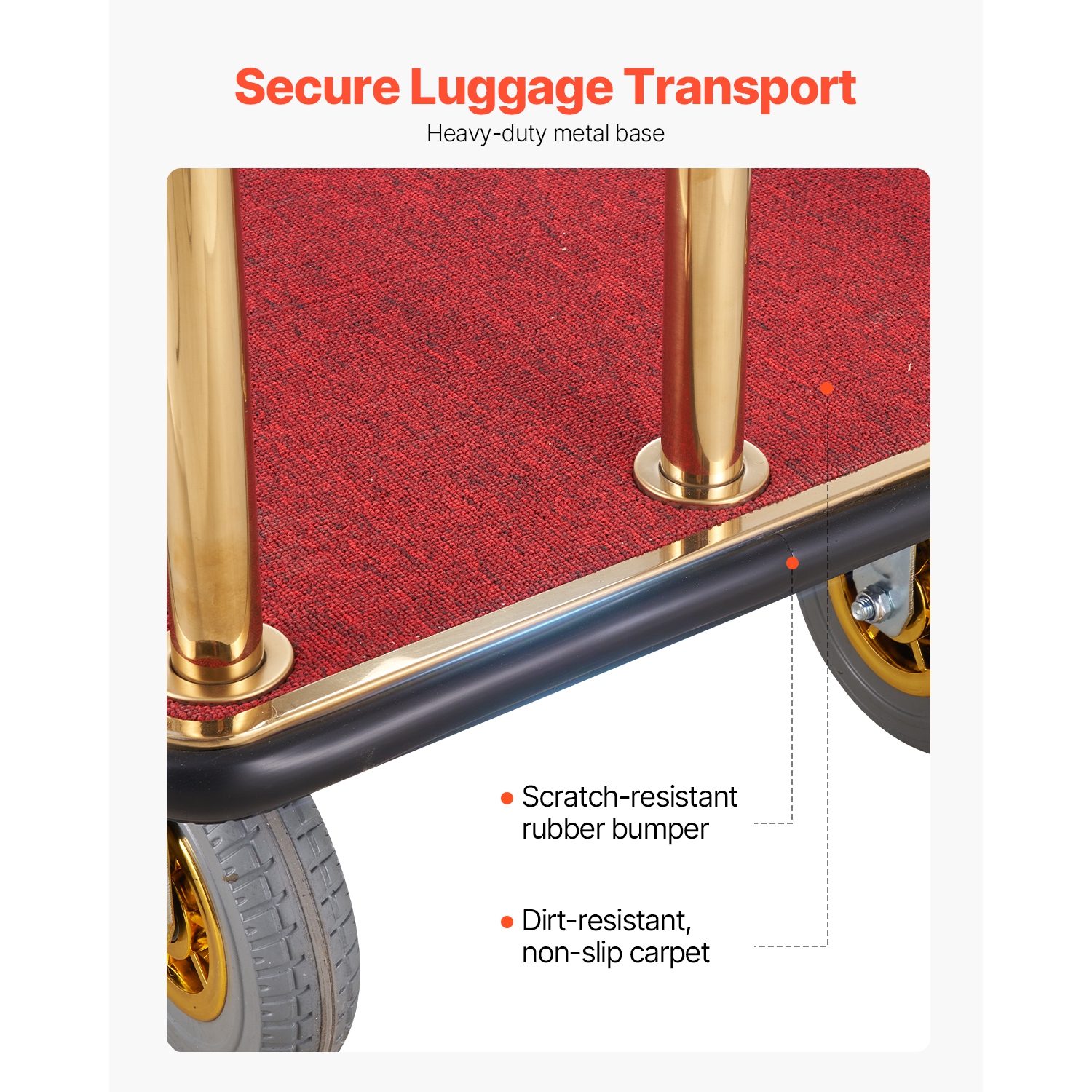 Chariot à bagages VEVOR de 1500 LB, chariot incurvé en acier inoxydable brossé Bellman, voiturier avec plateforme en tapis rouge et roues en