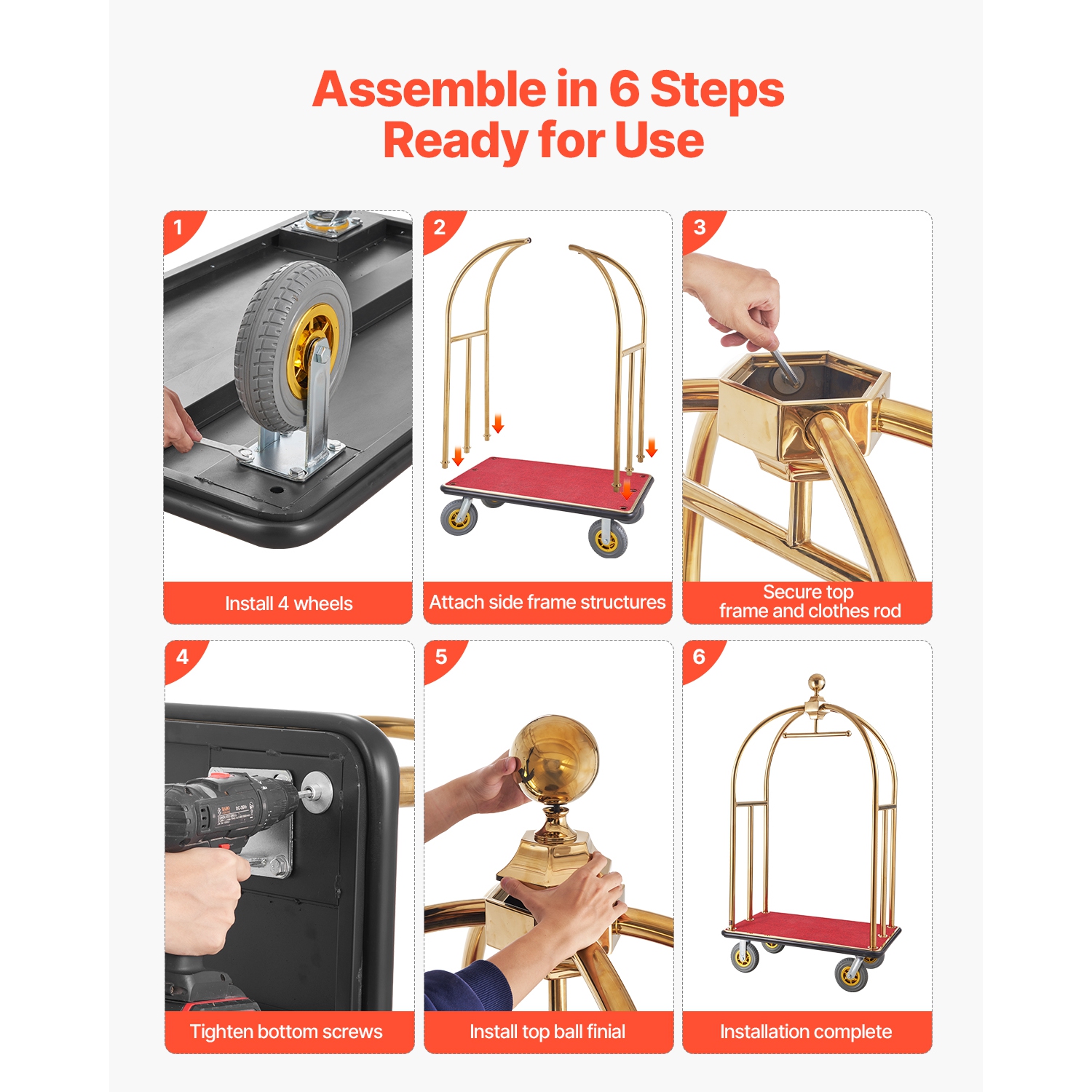 Chariot à bagages VEVOR de 1500 LB, chariot incurvé en acier inoxydable brossé Bellman, voiturier avec plateforme en tapis rouge et roues en