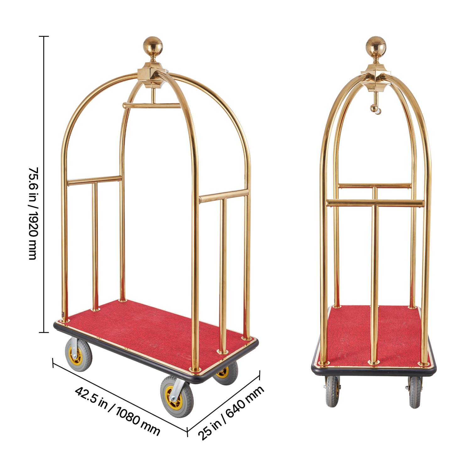 Chariot à bagages VEVOR de 1500 LB, chariot incurvé en acier inoxydable brossé Bellman, voiturier avec plateforme en tapis rouge et roues en