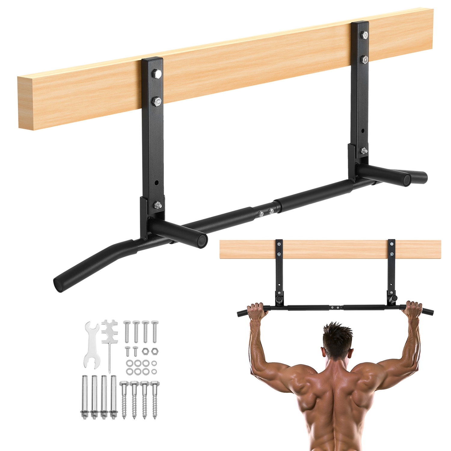 VEVOR 440 lbs Capacity Joist Mount Pull Up Bar, Ceiling Mounted Chin Up Bar, Multi-Grip Pull Ups, 42 in Width Multifunctional Training Station, Steel