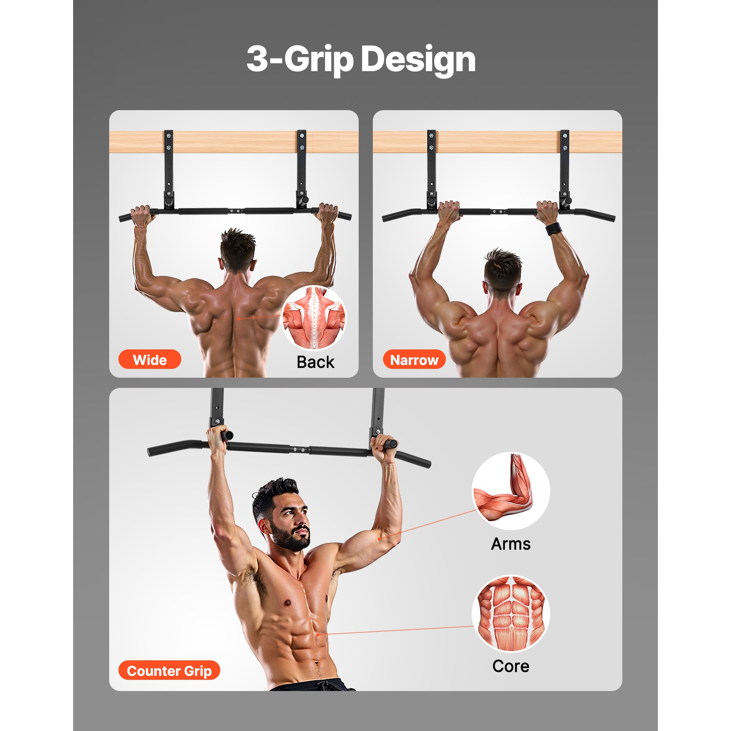 VEVOR 440 lbs Capacity Joist Mount Pull Up Bar, Ceiling Mounted Chin Up Bar, Multi-Grip Pull Ups, 42 in Width Multifunctional Training Station, Steel