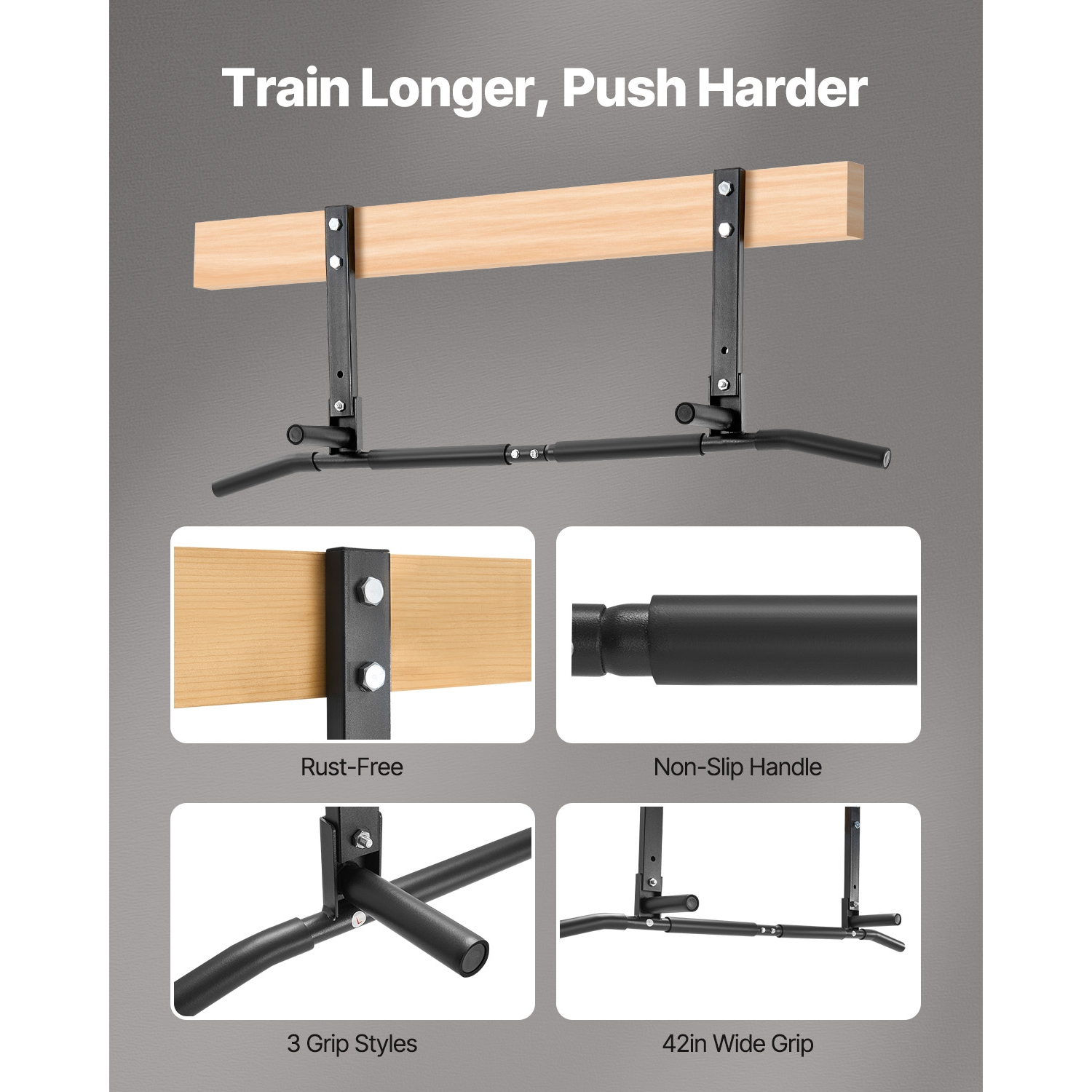 VEVOR 440 lbs Capacity Joist Mount Pull Up Bar, Ceiling Mounted Chin Up Bar, Multi-Grip Pull Ups, 42 in Width Multifunctional Training Station, Steel