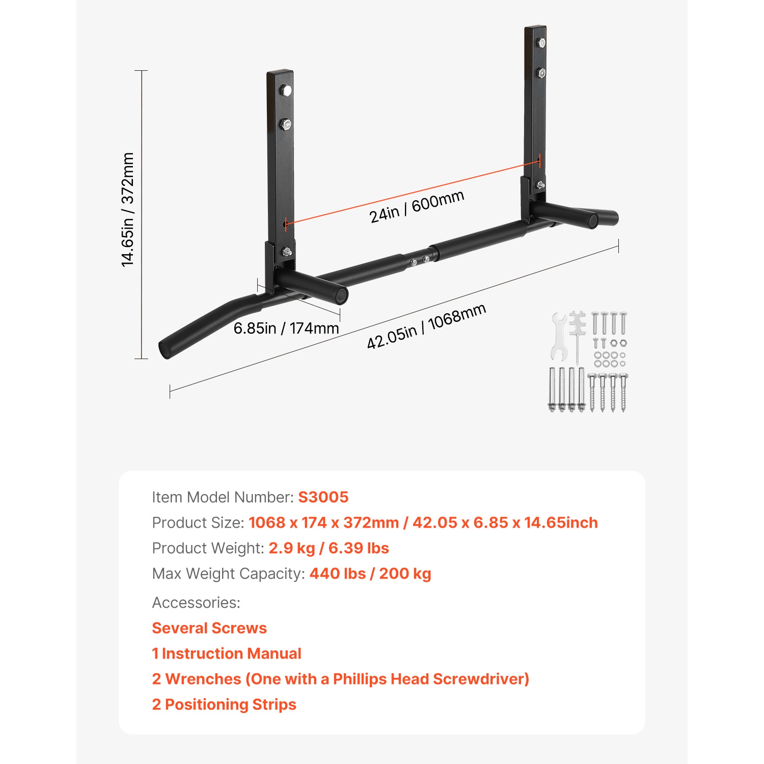 VEVOR 440 lbs Capacity Joist Mount Pull Up Bar, Ceiling Mounted Chin Up Bar, Multi-Grip Pull Ups, 42 in Width Multifunctional Training Station, Steel