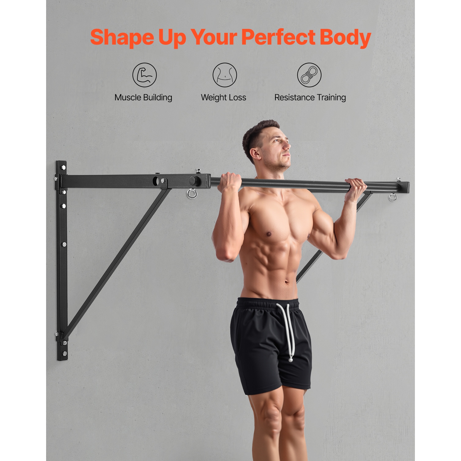 VEVOR 50 in Width Pull Up Bar, Wall Mounted Pull Ups, Adjustable Depth 22" or 30" from Wall, Steel Upper Body Workout Bars, 440 lbs Weight Capacity