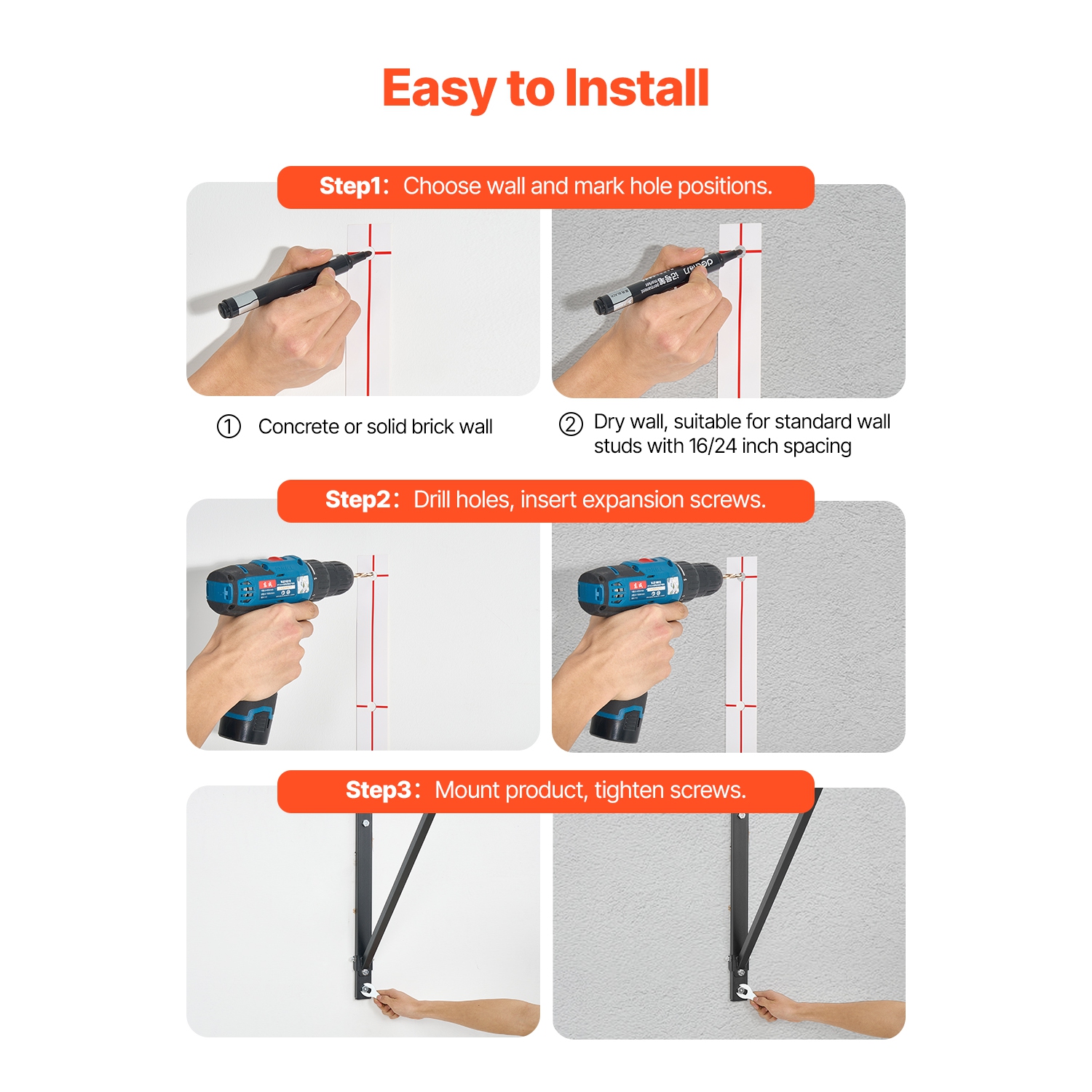 VEVOR 50 in Width Pull Up Bar, Wall Mounted Pull Ups, Adjustable Depth 22" or 30" from Wall, Steel Upper Body Workout Bars, 440 lbs Weight Capacity