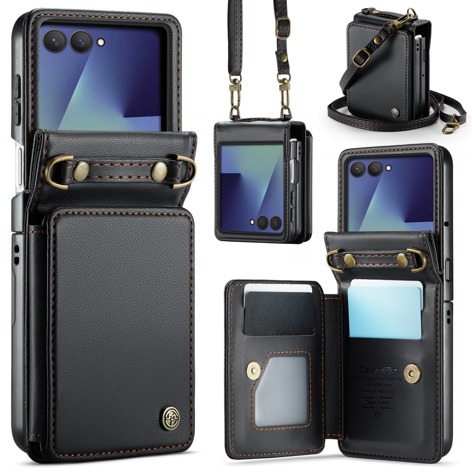 Compatible with the Samsung Z Flip 7 case, SM Z Flip 7 shoulder strap, card holder, and crossbody strap - Black