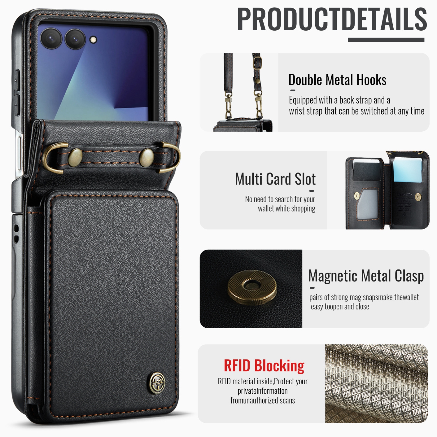 Compatible with the Samsung Z Flip 7 case, SM Z Flip 7 shoulder strap, card holder, and crossbody strap - Black