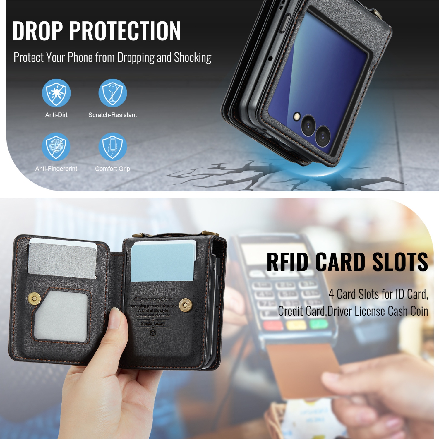 Compatible with the Samsung Z Flip 7 case, SM Z Flip 7 shoulder strap, card holder, and crossbody strap - Black