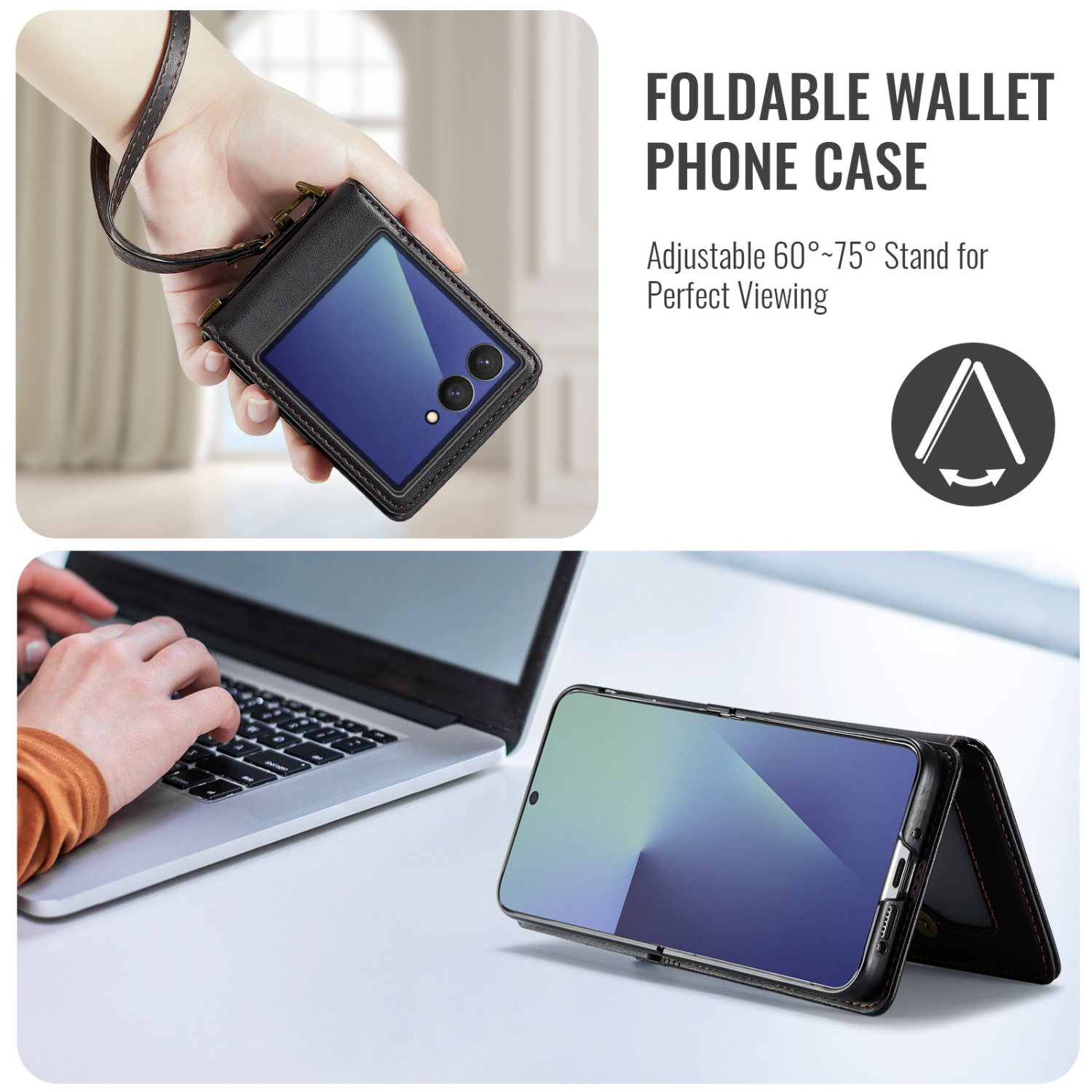 Compatible with the Samsung Z Flip 7 case, SM Z Flip 7 shoulder strap, card holder, and crossbody strap - Black