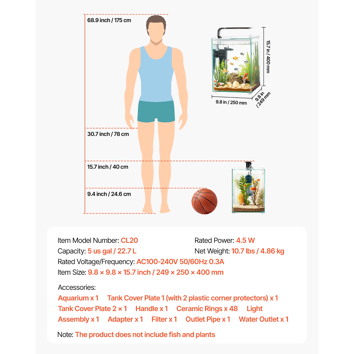 Aquarium VEVOR de 5 gallons pour aquarium, réservoir de démarrage intelligent carré en verre ultra-transparent à éclairage réglable à 3 couleurs,