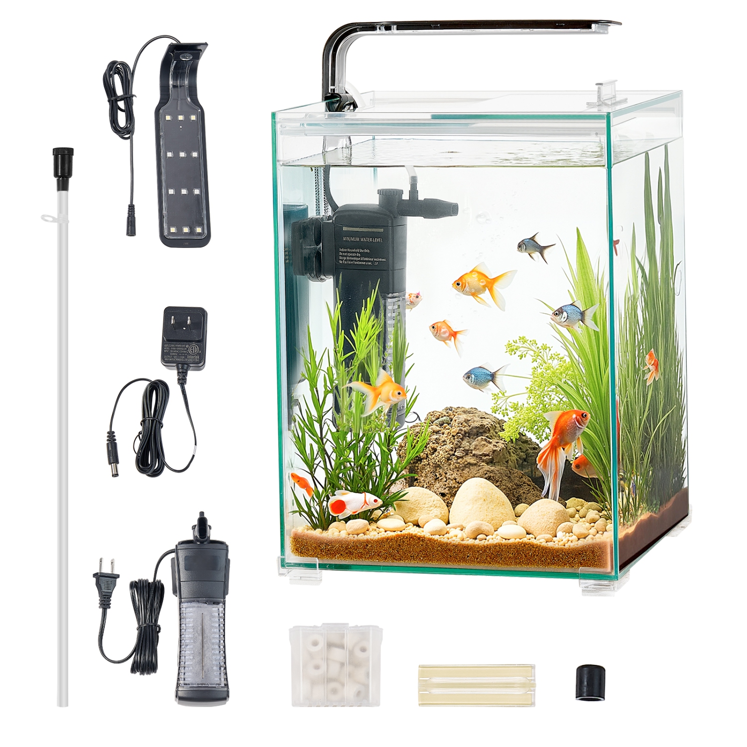 Aquarium VEVOR de 5 gallons pour aquarium, réservoir de démarrage intelligent carré en verre ultra-transparent à éclairage réglable à 3 couleurs,