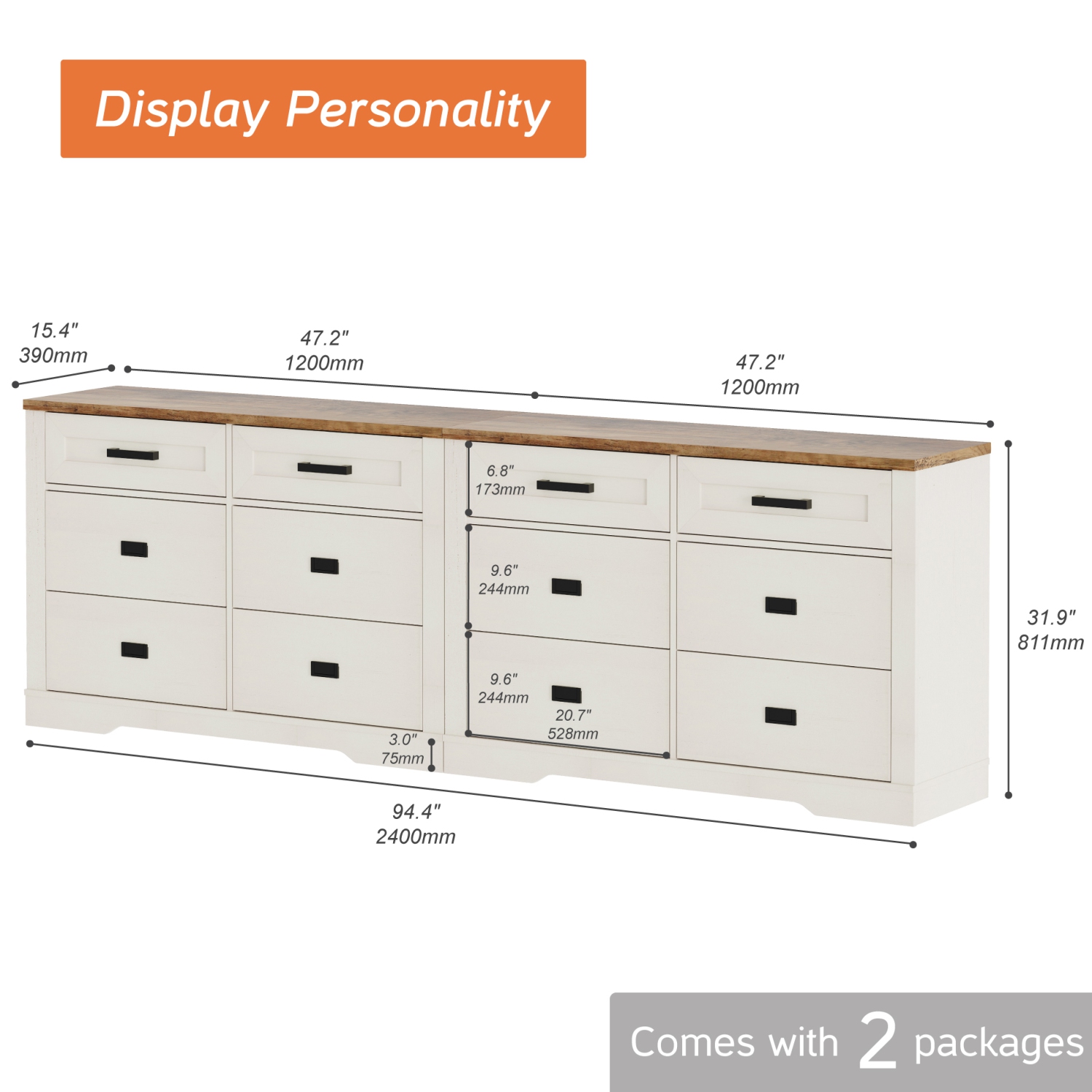 WAMPAT – Commode 2-en-1 pour chambre à coucher avec 12 tiroirs, commode de rangement de 94&nbsp;po de large, range-tout pour vêtements en bois, salle